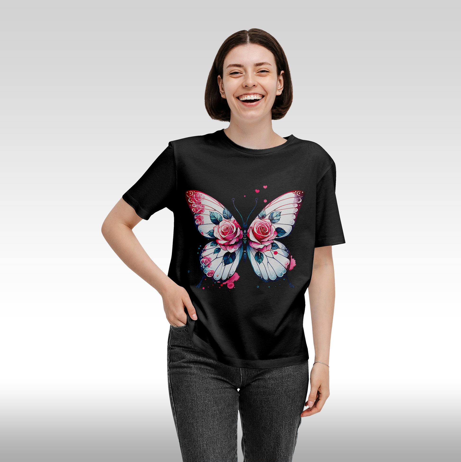 Tricou negru personalizat bumbac Fata Dama fluture "Pink Wings" streetwear
