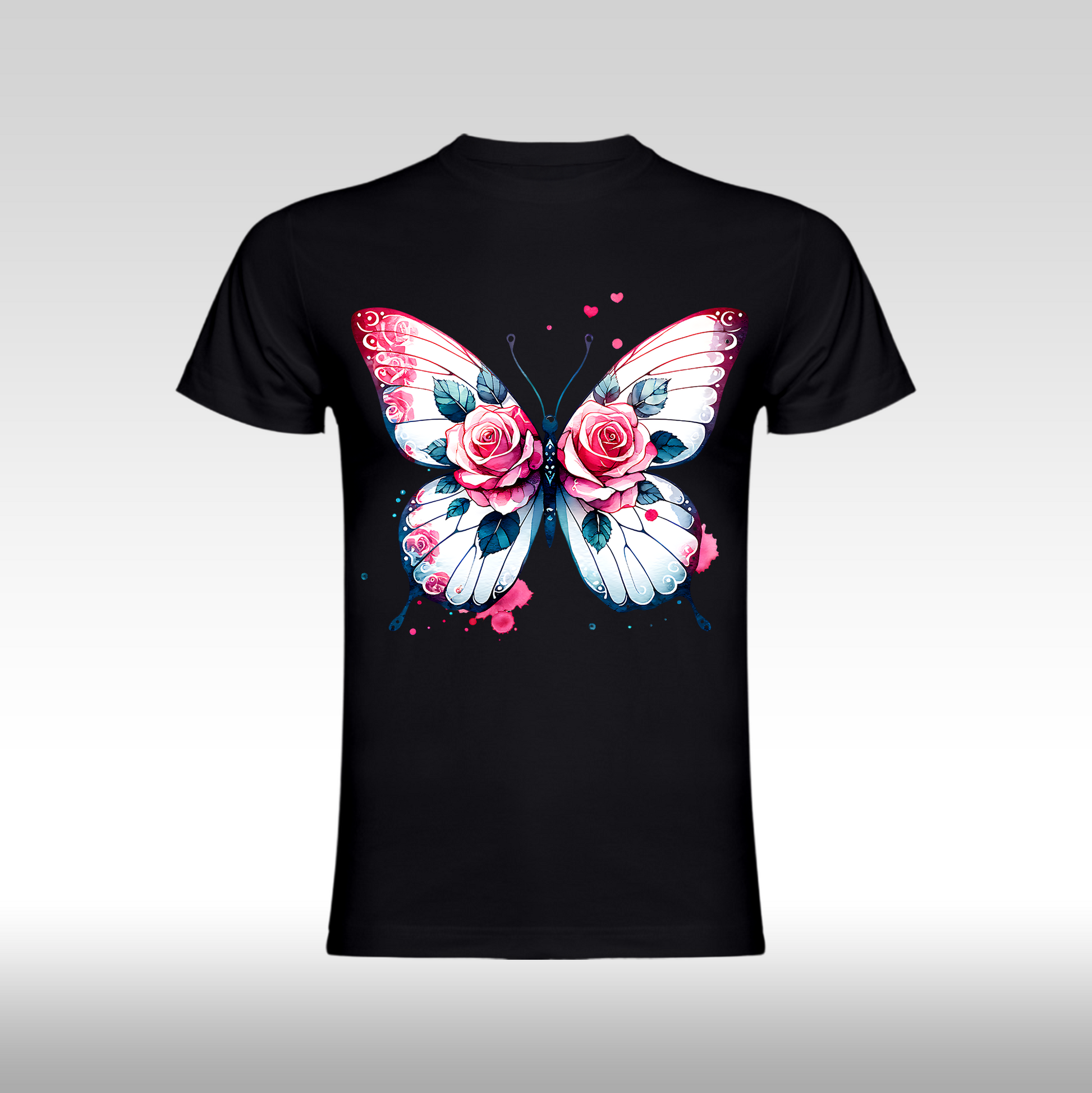 Tricou negru personalizat bumbac Fata Dama fluture "Pink Wings" streetwear

