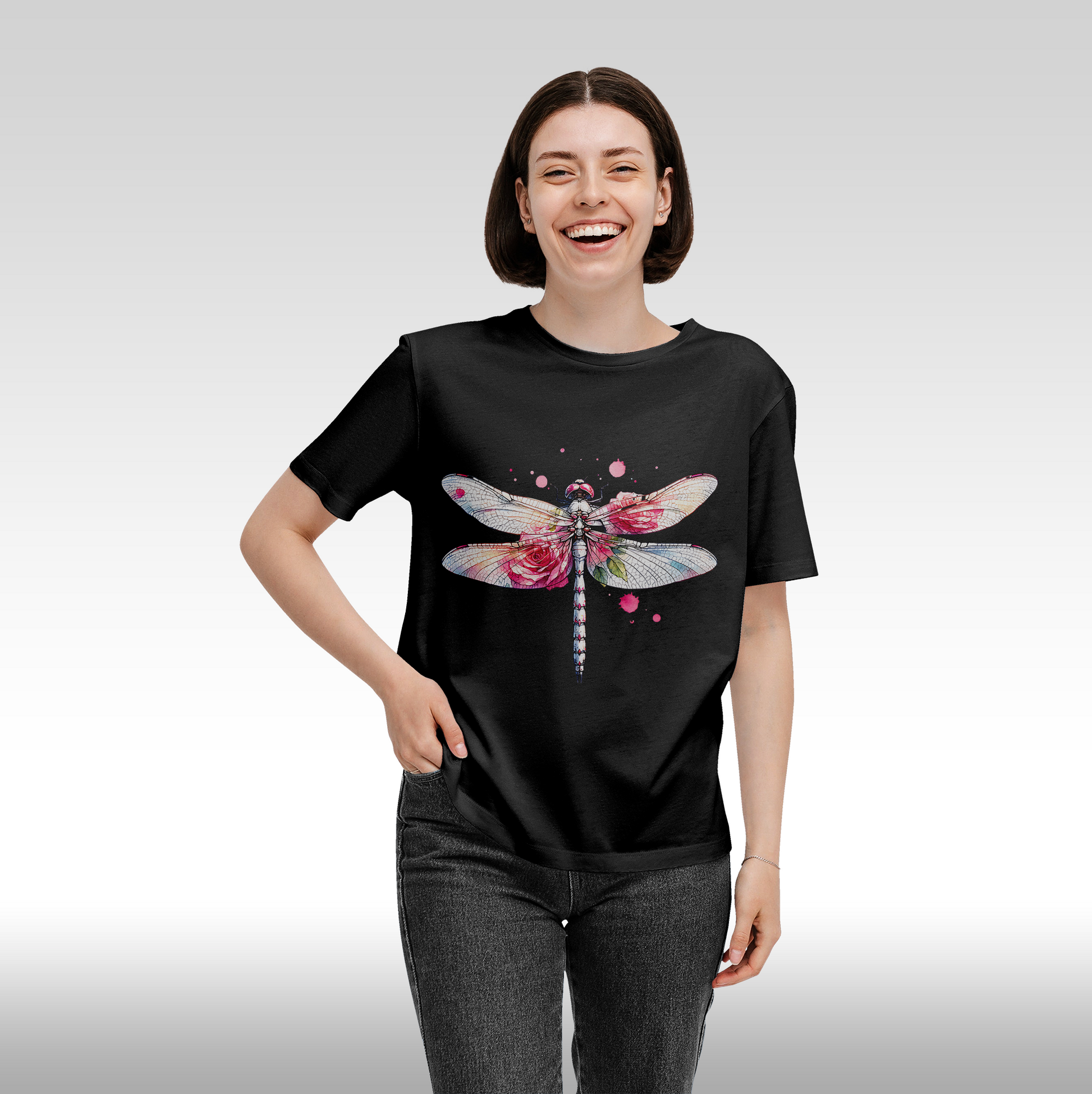 Tricou negru personalizat bumbac Fata Dama libelula "dragonfly" streetwear
