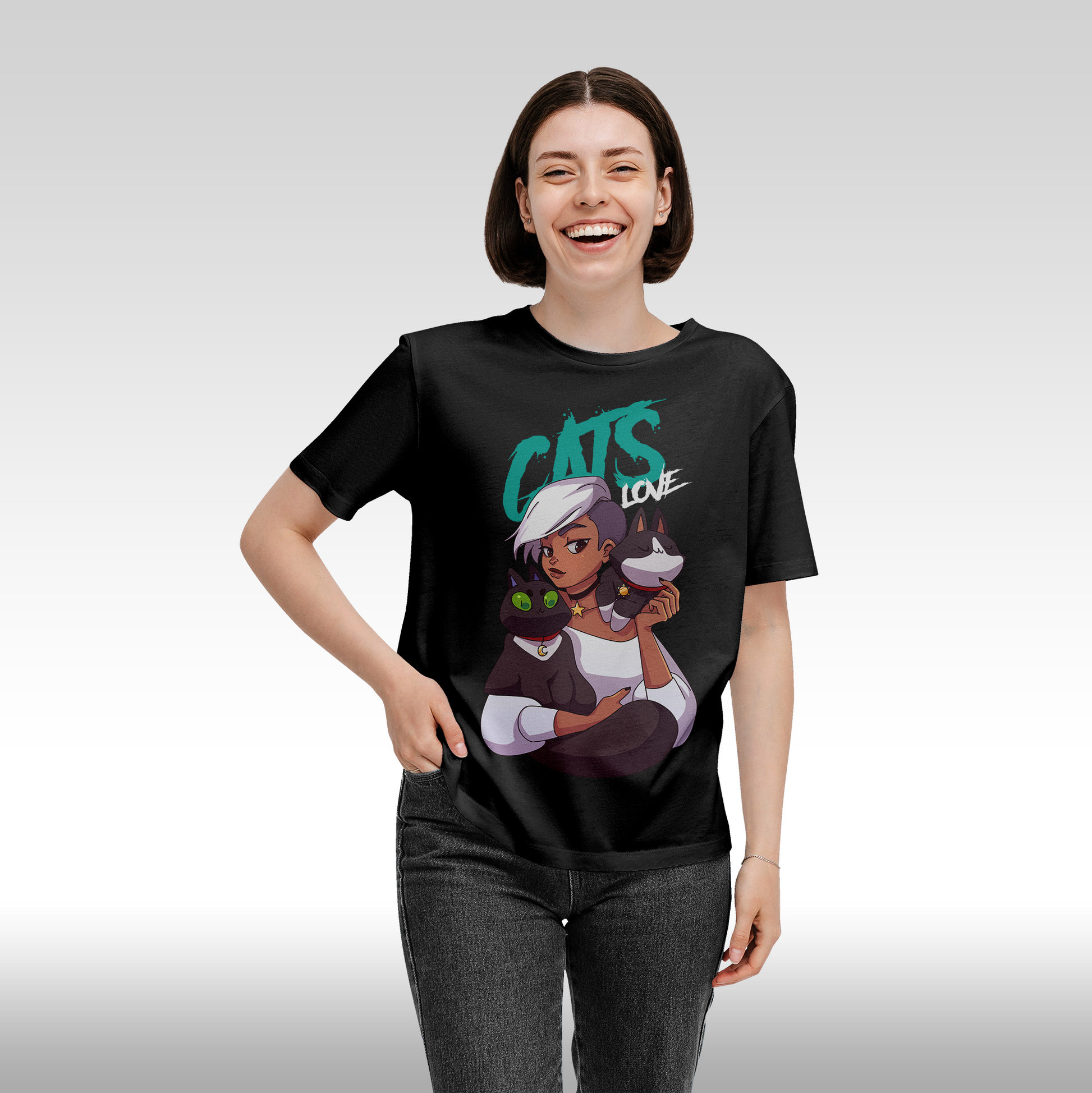 Tricou negru personalizat bumbac Fata Dama pisici "Cats Love" streetwear
