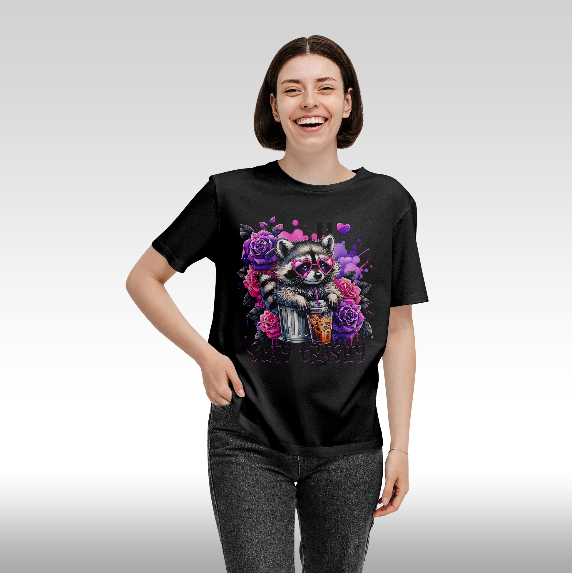 Tricou negru personalizat bumbac Fata Dama raton "Stay Trashy" streetwear
