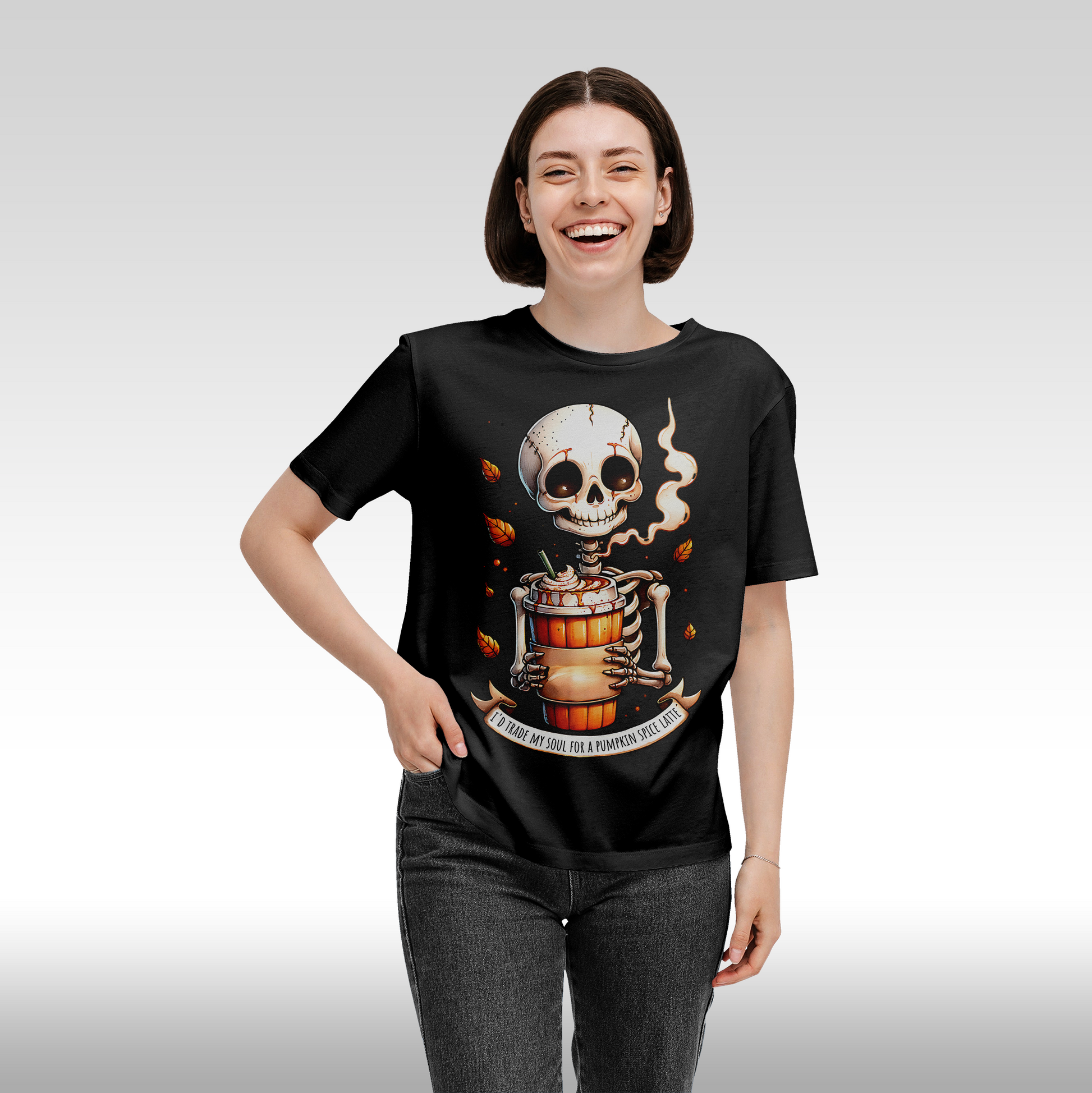 Tricou negru personalizat bumbac Fata Dama schelet "Pumpkin Spice Latte" streetwear
