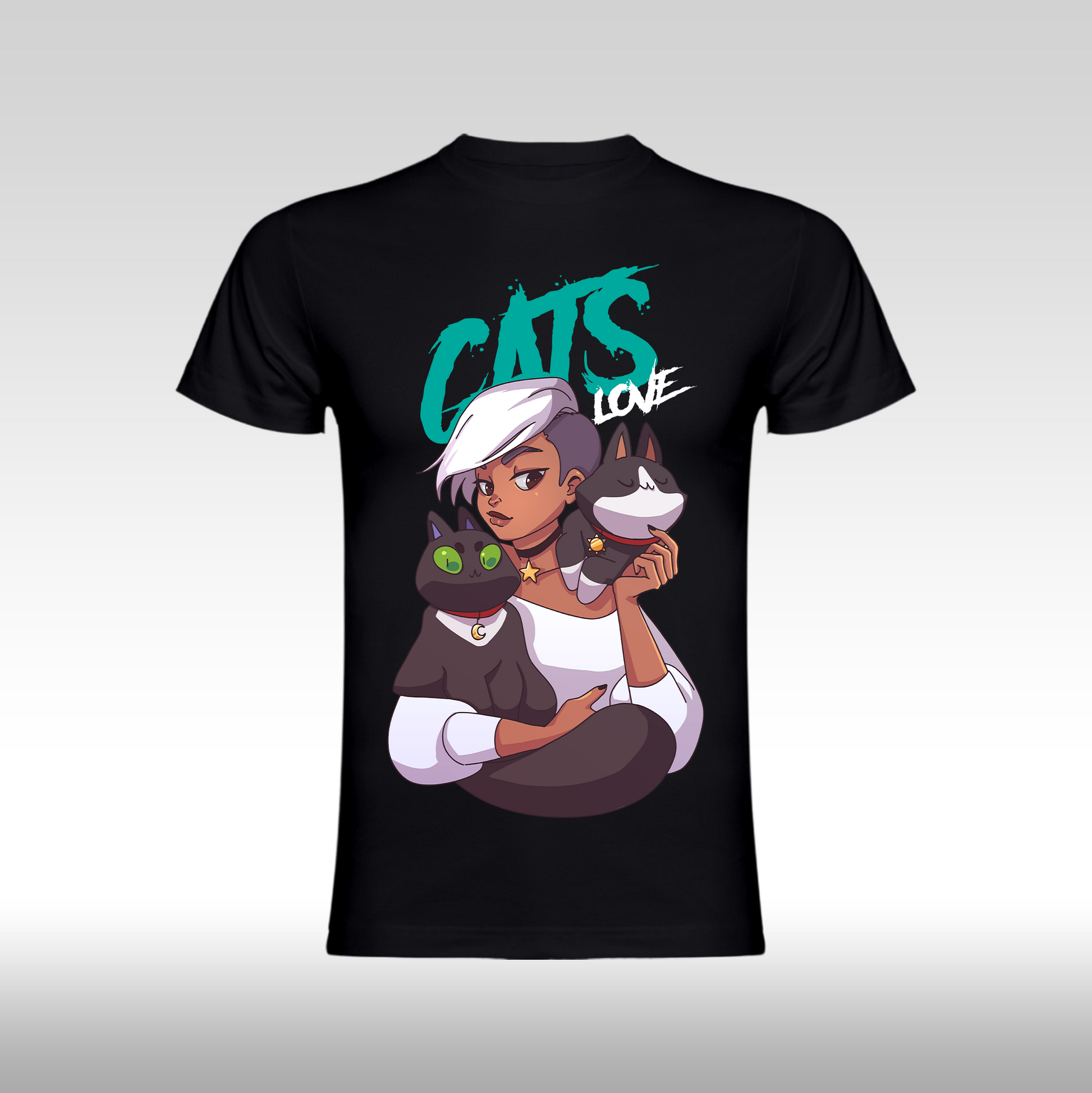 Tricou negru personalizat bumbac Fata Dama pisici "Cats Love" streetwear
