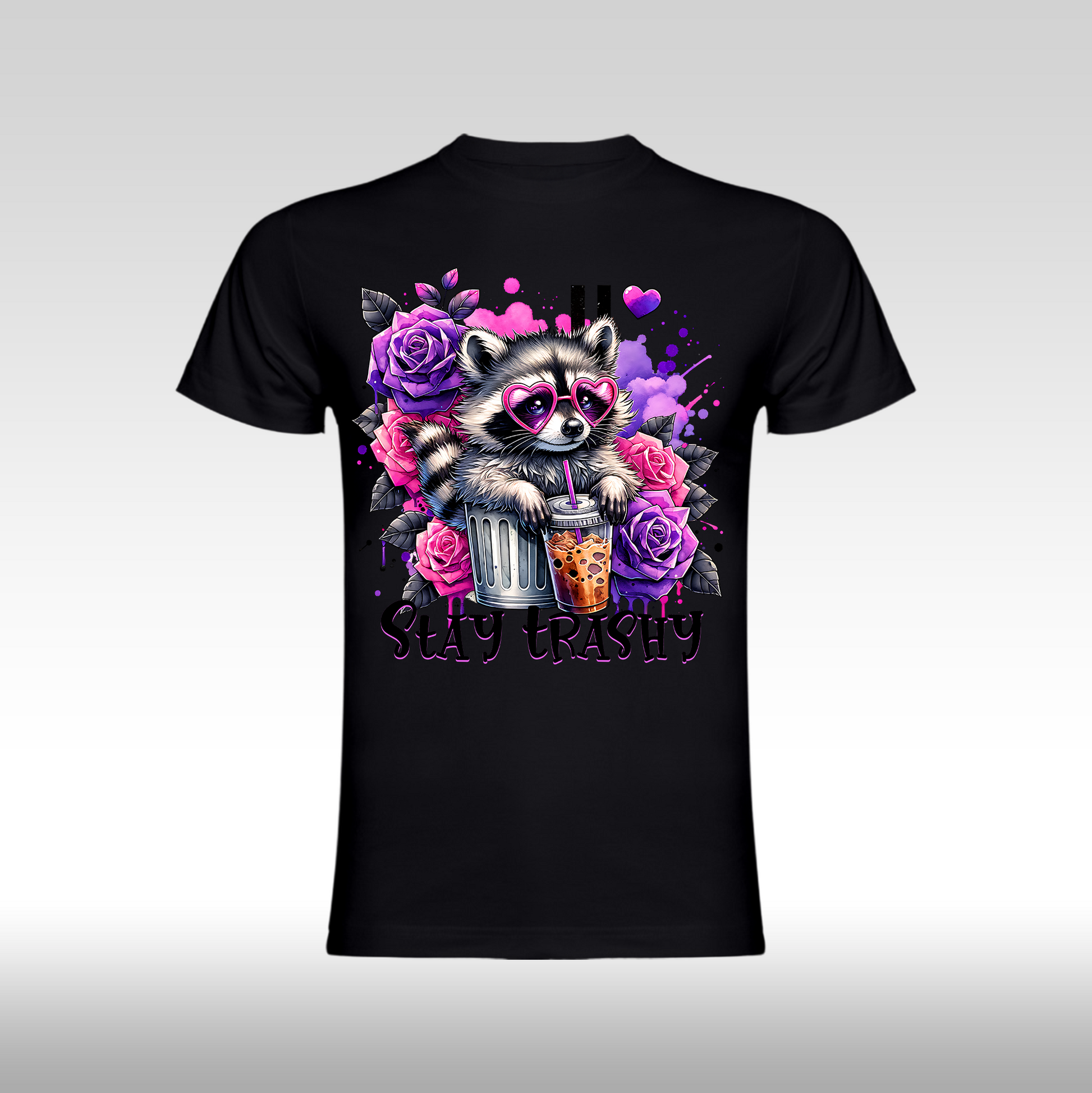 Tricou negru personalizat bumbac Fata Dama raton "Stay Trashy" streetwear
