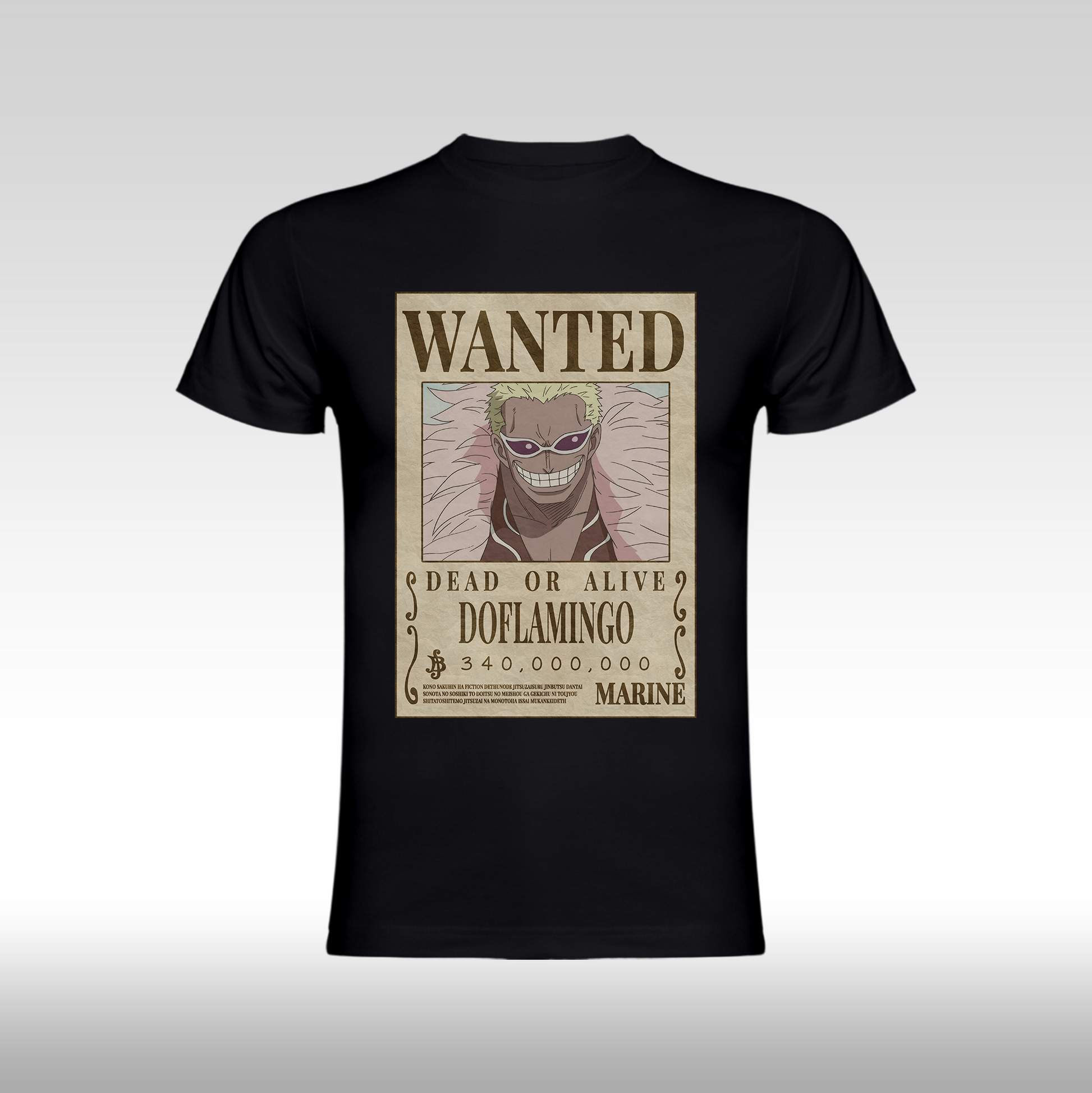 Tricou negru personalizat bumbac Fata anime "WANTED : Doflamingo" streetwear
