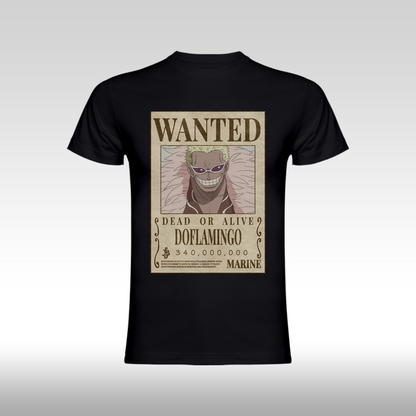 Tricou negru personalizat bumbac Fata anime "WANTED : Doflamingo" streetwear
