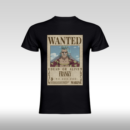 Tricou negru personalizat bumbac Fata anime "WANTED : Franky" streetwear
