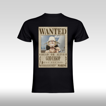 Tricou negru personalizat bumbac Fata anime "WANTED : God Ussop" streetwear
