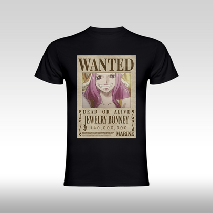 Tricou negru personalizat bumbac Fata anime "WANTED : Jewelry Bonney" streetwear
