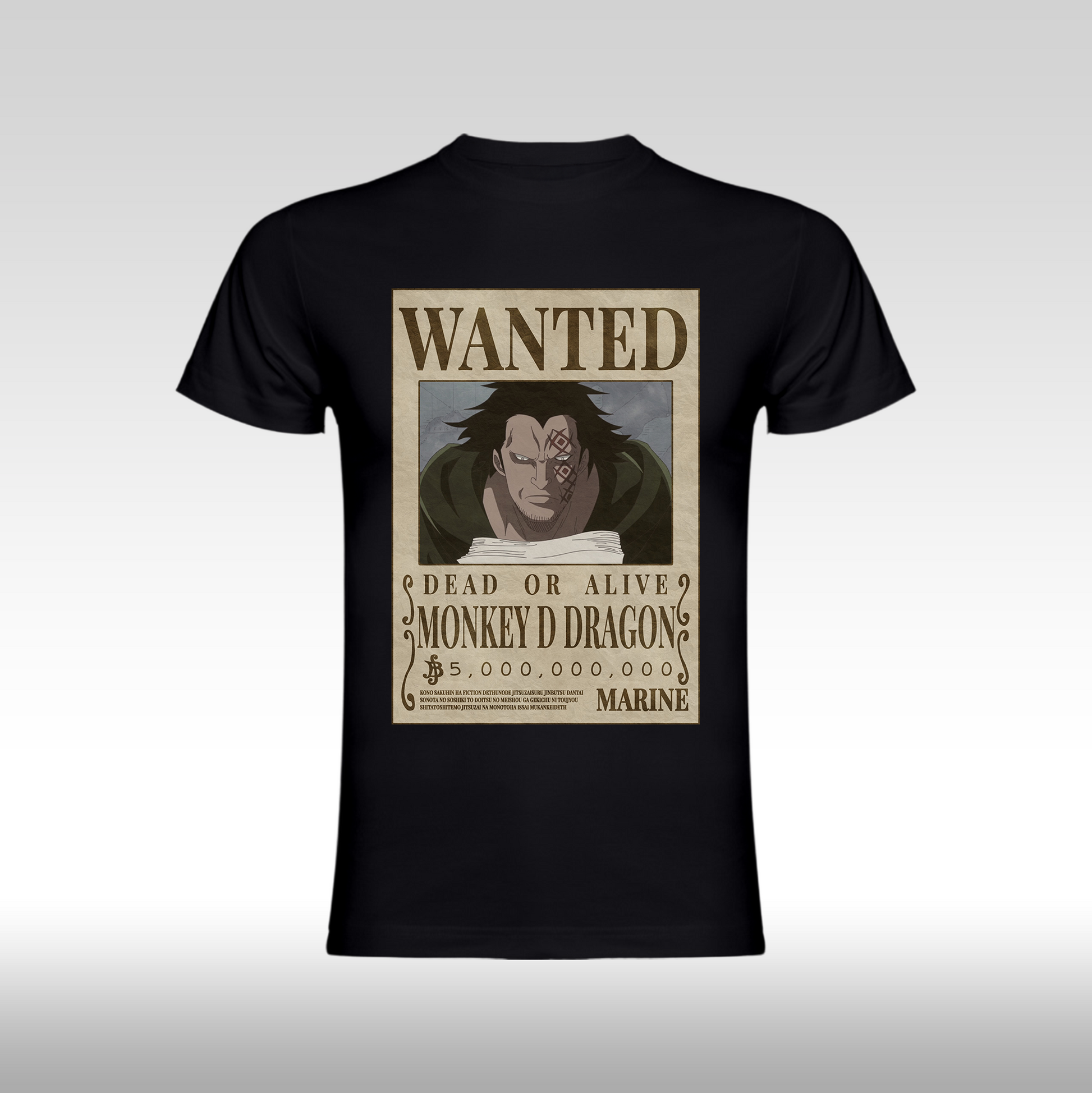 Tricou negru personalizat bumbac Fata anime "WANTED : Monkey D Dragon" streetwear
