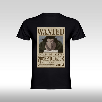 Tricou negru personalizat bumbac Fata anime "WANTED : Monkey D Dragon" streetwear
