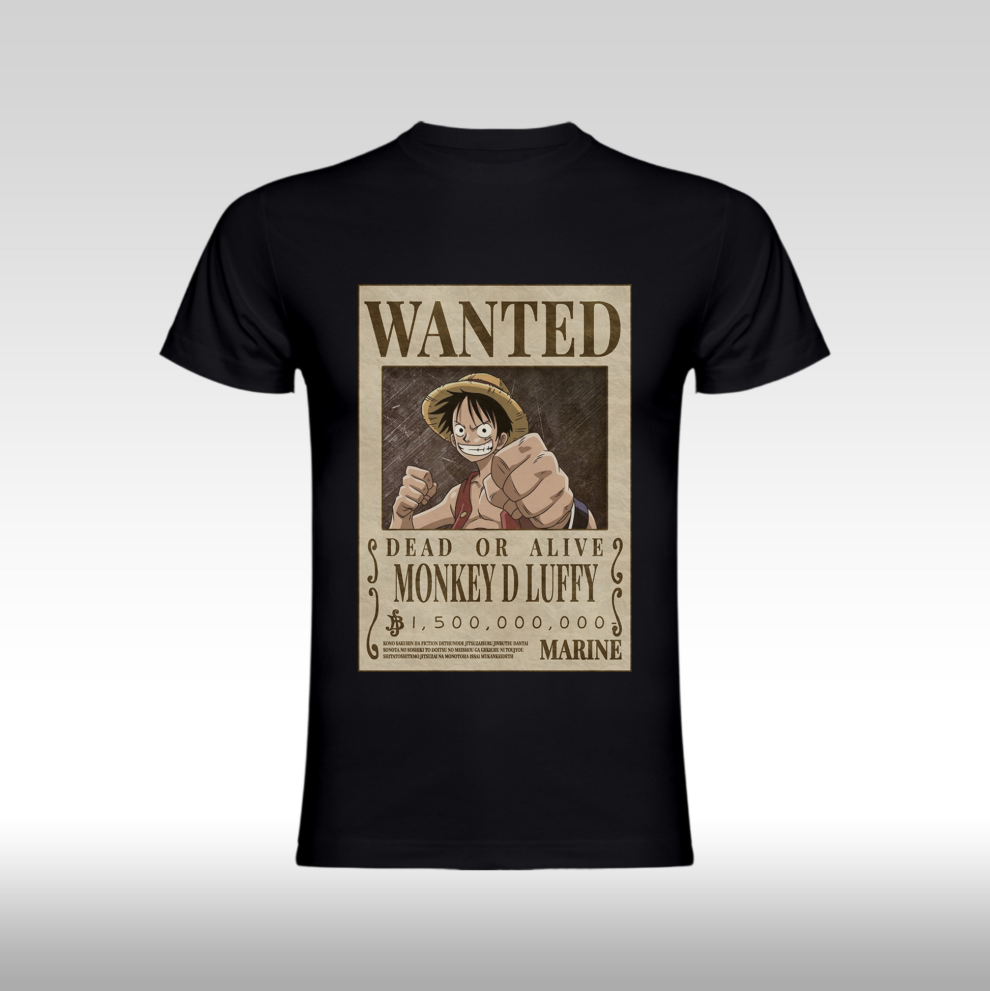 Tricou negru personalizat bumbac Fata anime "WANTED : Monkey D Luffy" streetwear
