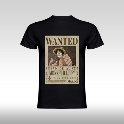 Tricou negru personalizat bumbac Fata anime "WANTED : Monkey D Luffy" streetwear
