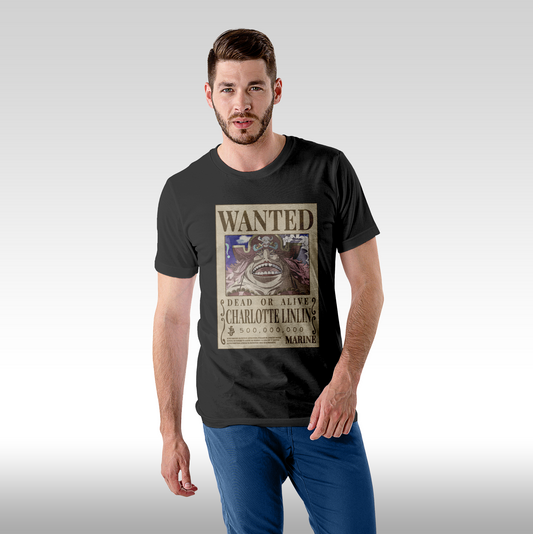 Tricou negru personalizat bumbac Fata Barbat anime "WANTED : Charlotte Linlin" streetwear
