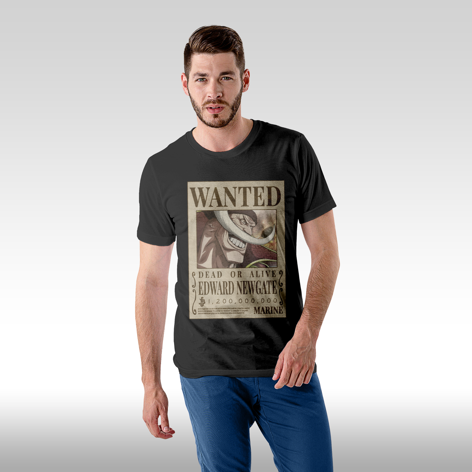 Tricou negru personalizat bumbac Fata Barbat anime "WANTED : Edward Newgate" streetwear
