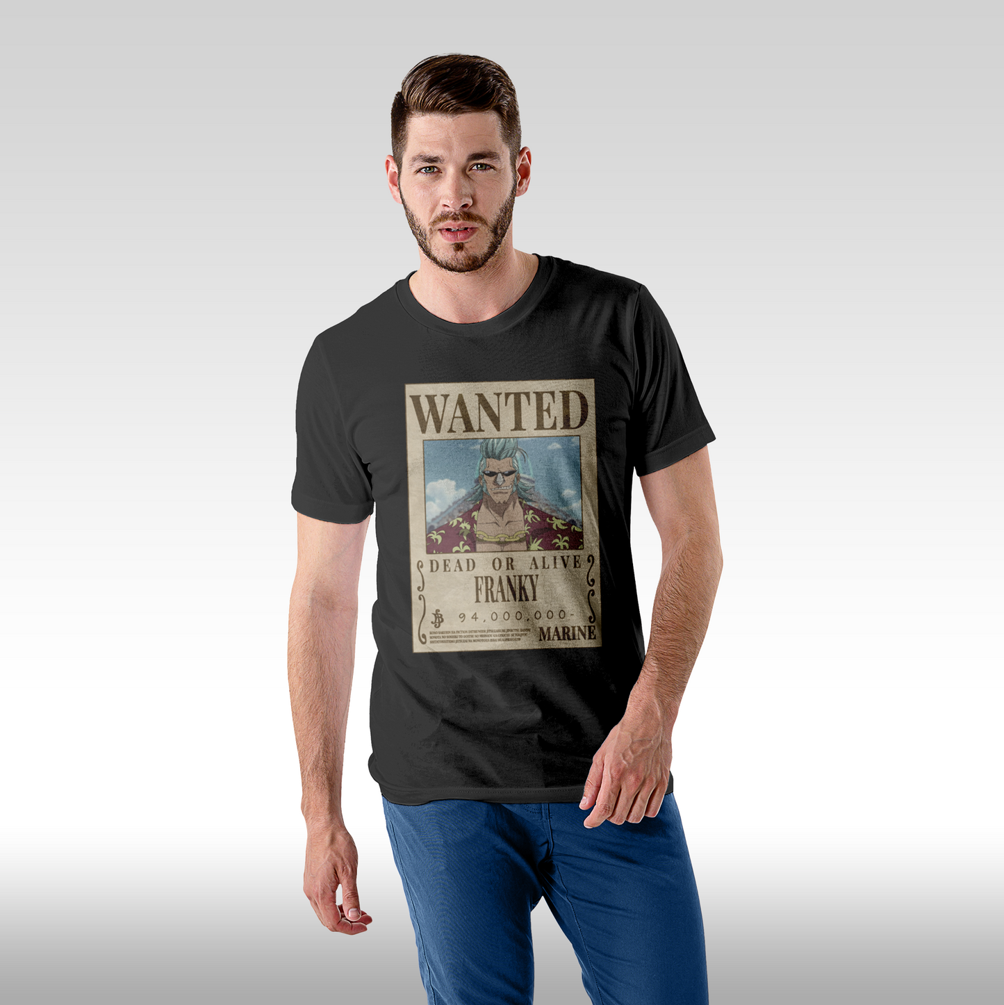Tricou negru personalizat bumbac Fata Barbat anime "WANTED : Franky" streetwear
