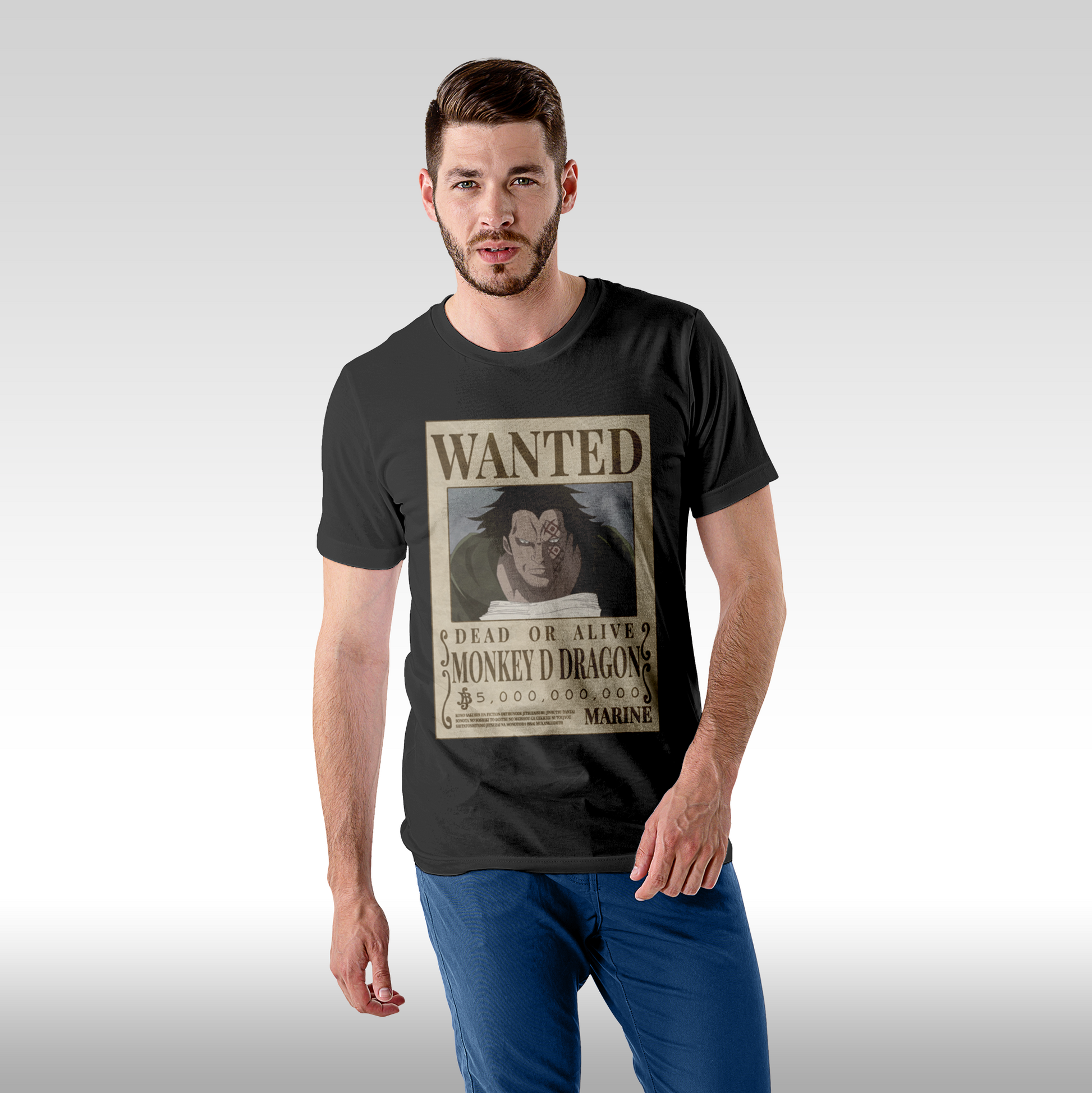 Tricou negru personalizat bumbac Fata Barbat anime "WANTED : Monkey D Dragon" streetwear
