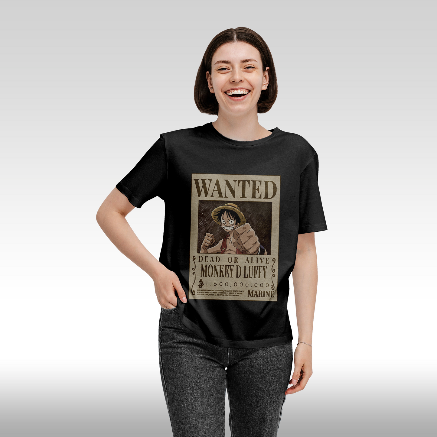 Tricou negru personalizat bumbac Fata dama anime "WANTED : Monkey D Luffy" streetwear
