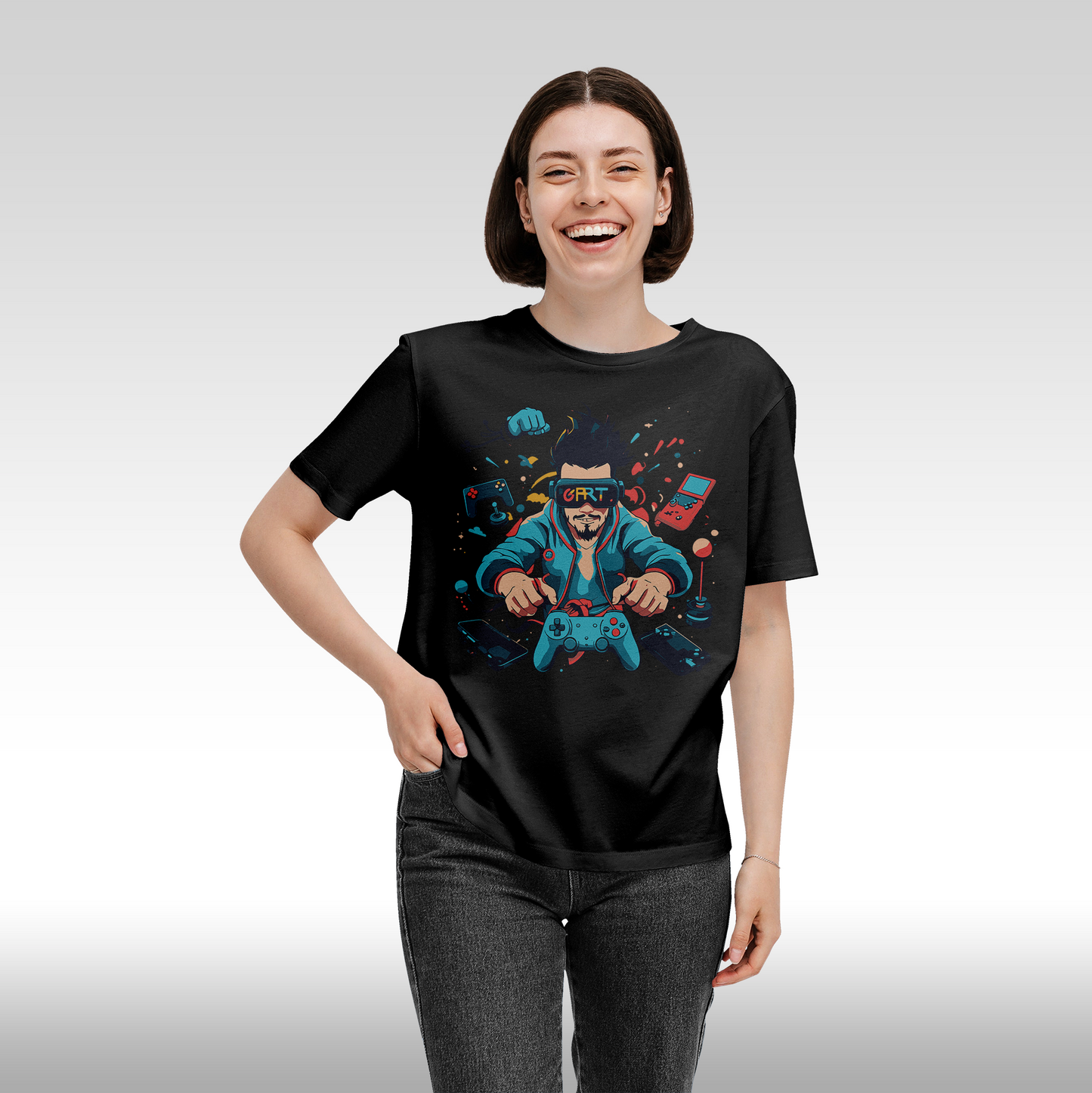 Tricou negru personalizat bumbac Fata dama gaming "G-ART" streetwear
