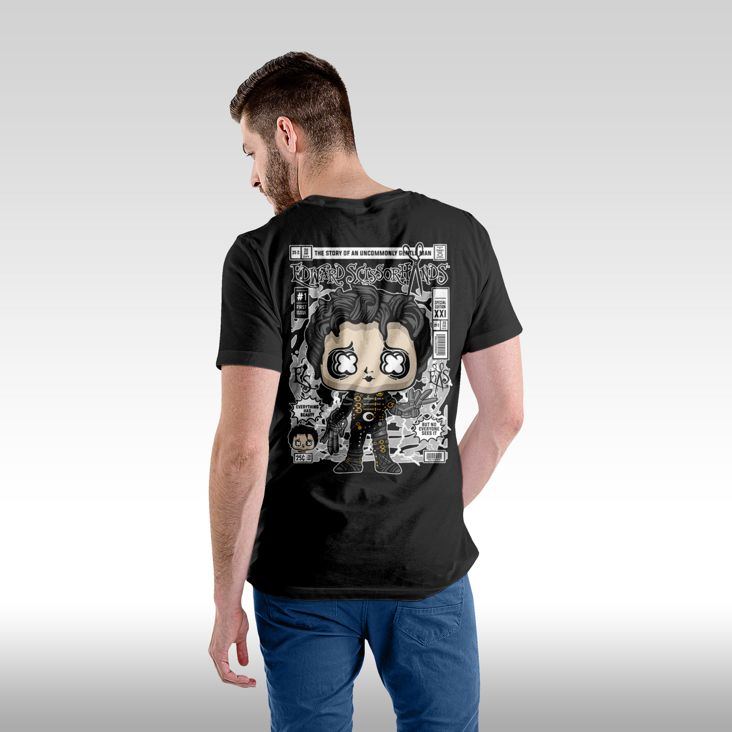 Tricou negru personalizat bumbac Spate Barbat colectionar "Edward Scissorhands Funko" streetwear
