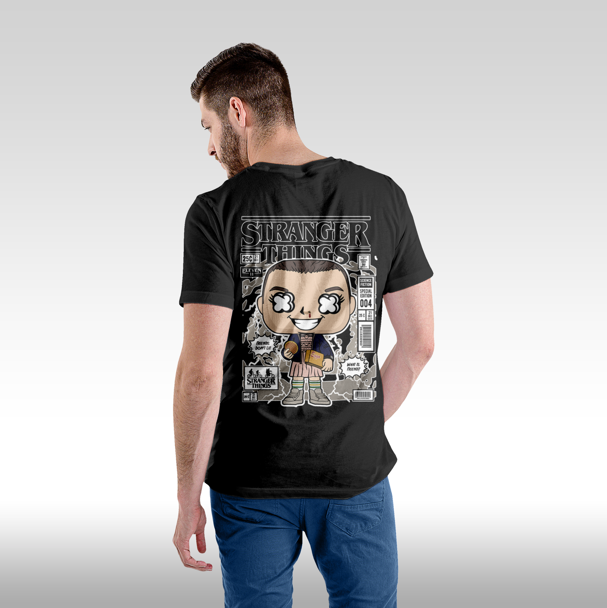 Tricou negru personalizat bumbac Spate barbat urban "Stranger Things" streetwear
