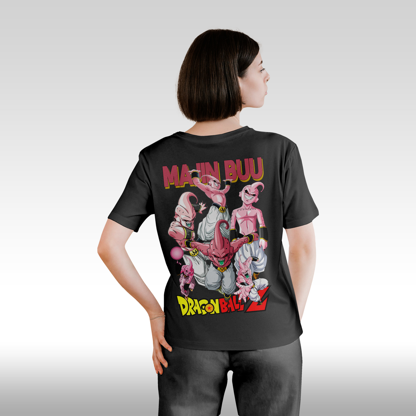 Tricou negru personalizat bumbac Spate Dama anime "Majin Buu" streetwear