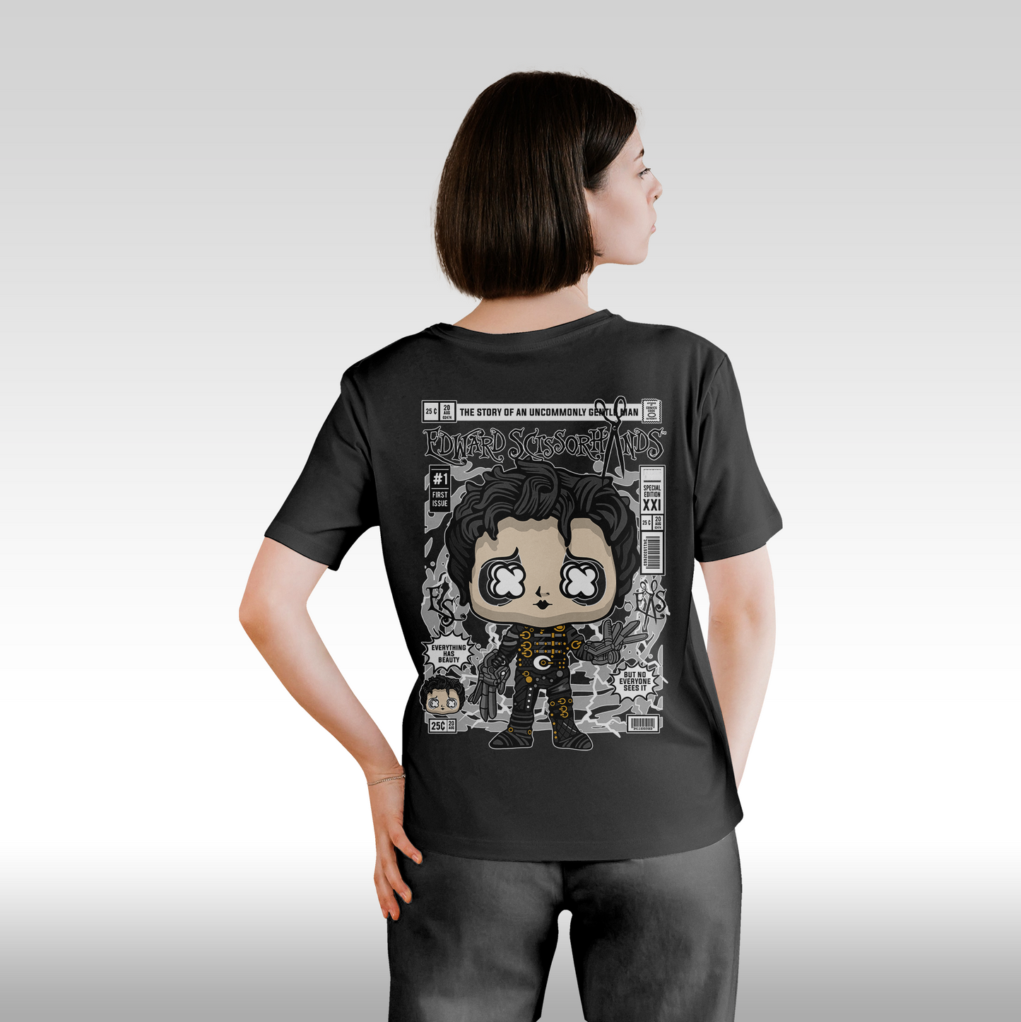 Tricou negru personalizat bumbac Spate dama colectionar "Edward Scissorhands Funko" streetwear
