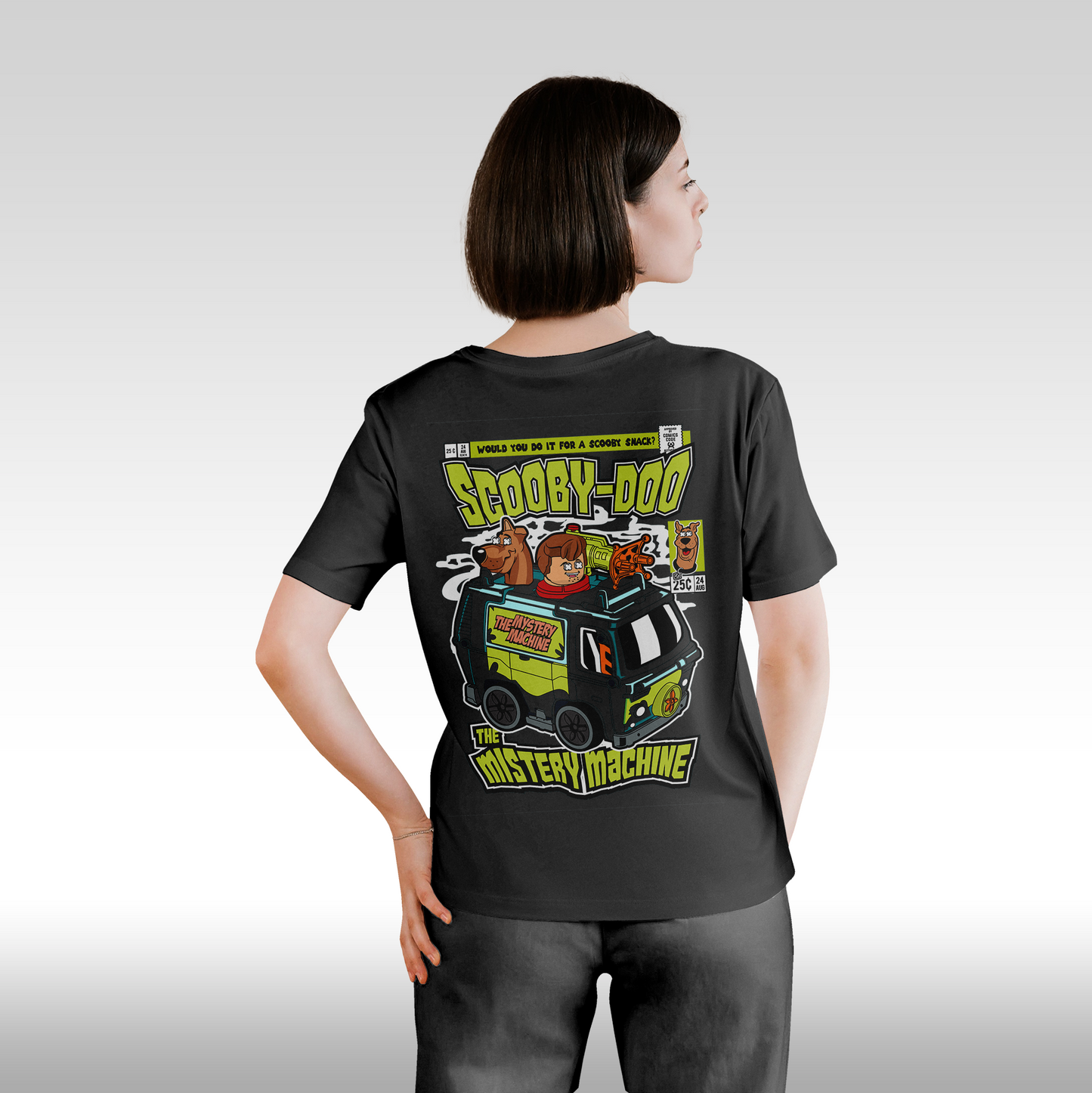 Tricou negru personalizat bumbac Spate Dama desene "Scooby-Doo The Mystery Machine Funko" streetwear