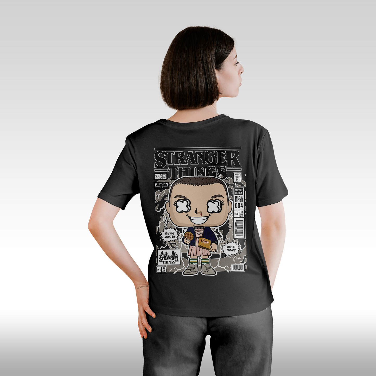 Tricou negru personalizat bumbac Spate Dama urban "Stranger Things" streetwear