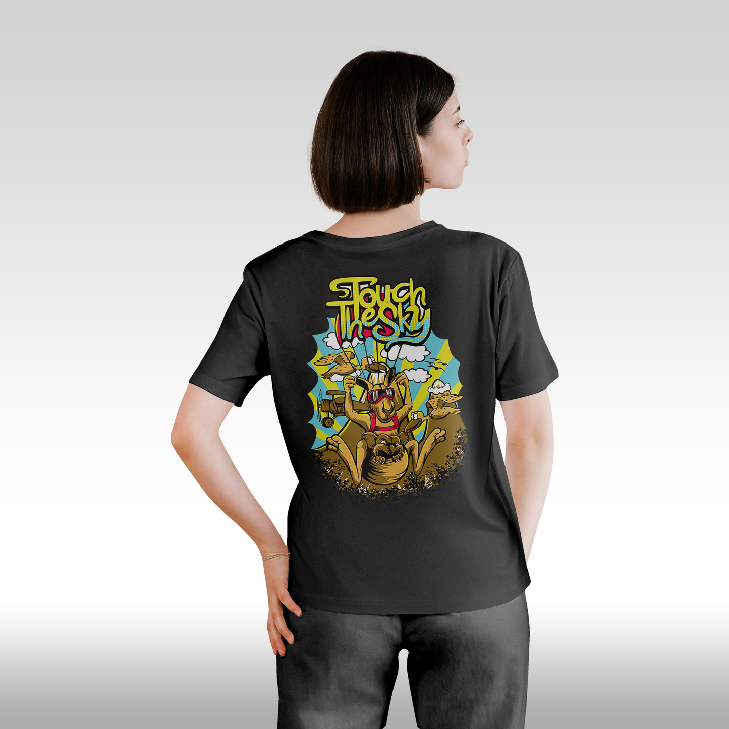 Tricou negru personalizat bumbac Spate Dama urban "Touch The Sky" streetwear