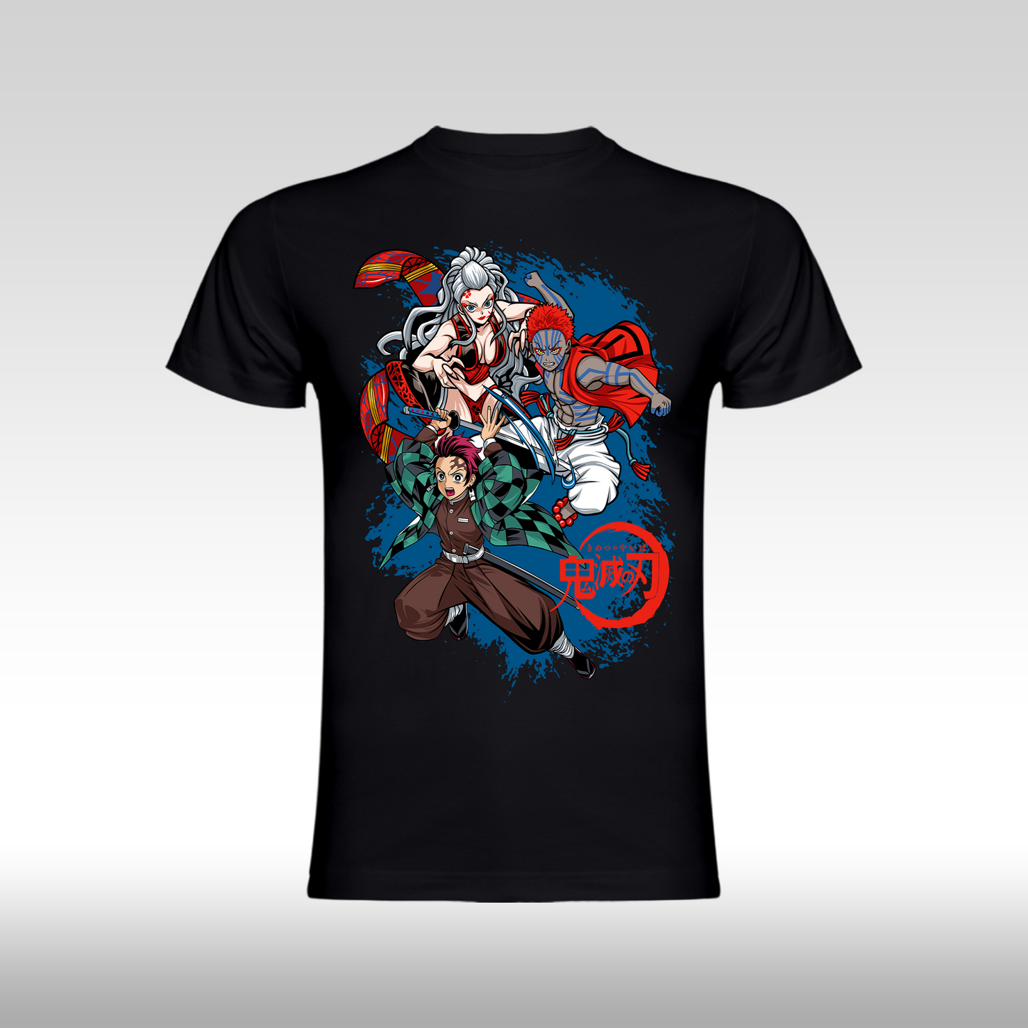 Tricou negru personalizat bumbac anime "Demon Slayer: Tanjiro, Akaza, Daki" streetwear
