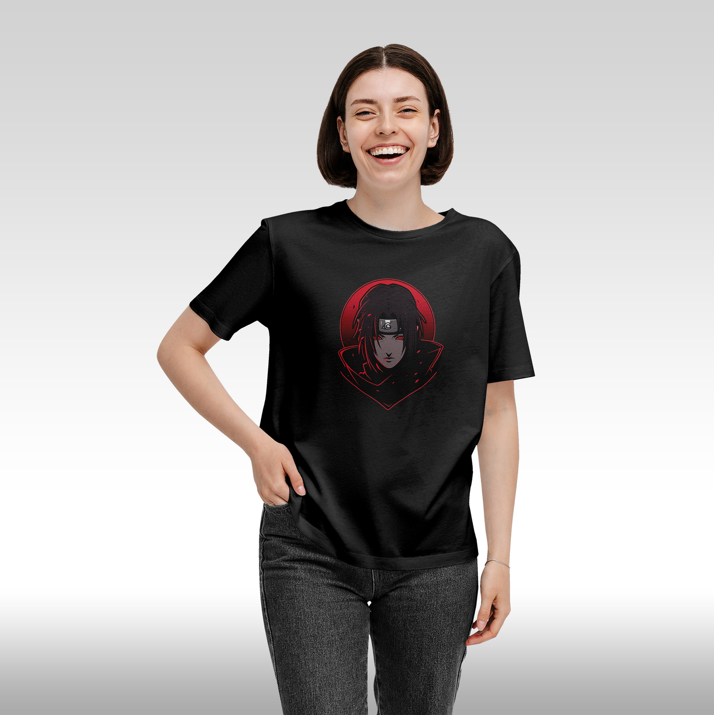 Tricou negru personalizat bumbac fata Dama anime "Itachi Funko" streetwear