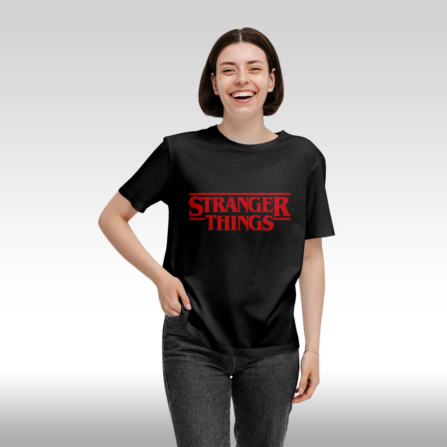 Tricou negru personalizat bumbac fata Dama urban "Stranger Things" streetwear