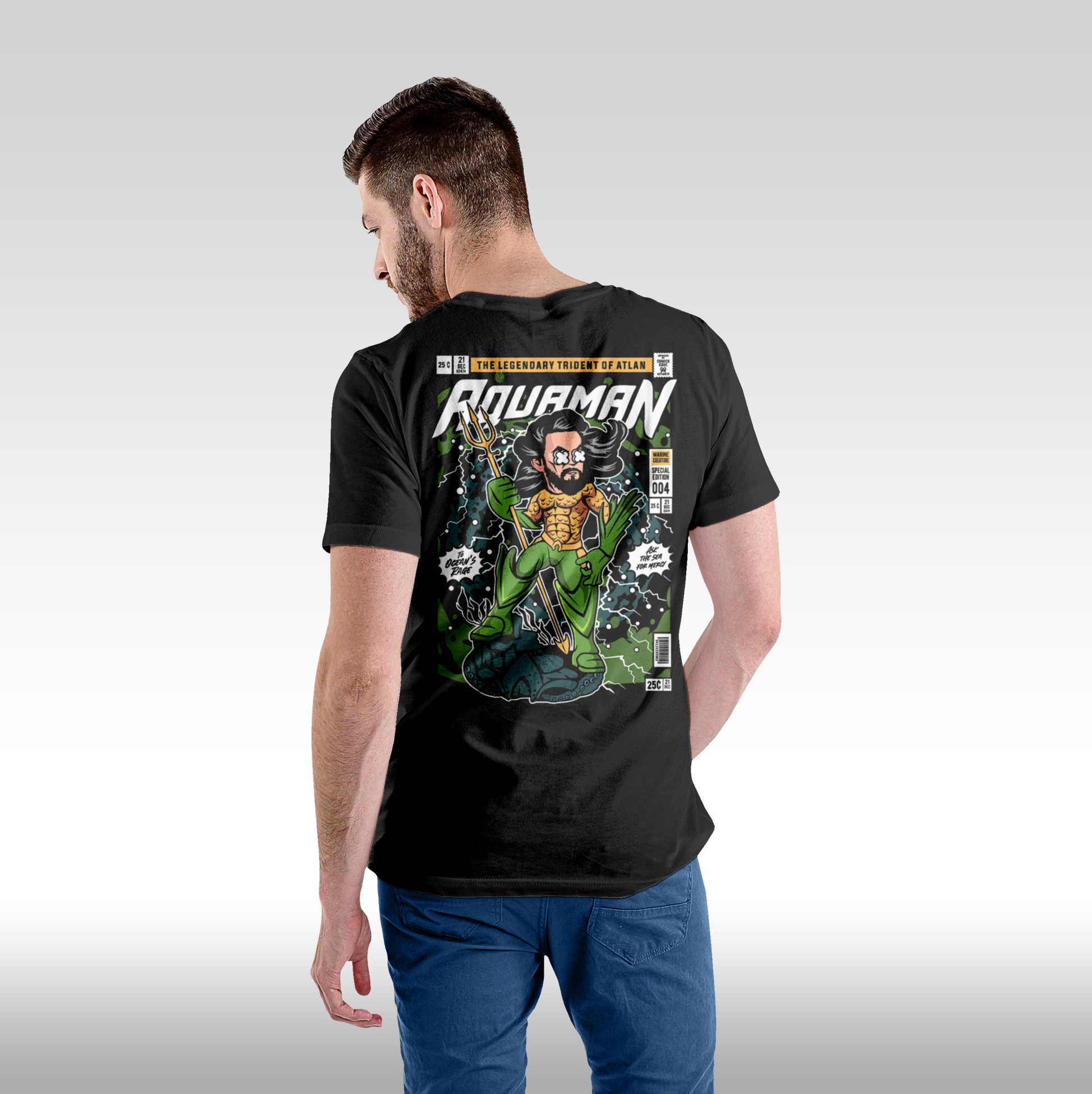 Tricou negru personalizat bumbac spate Barbat urban "Aquaman" streetwear
