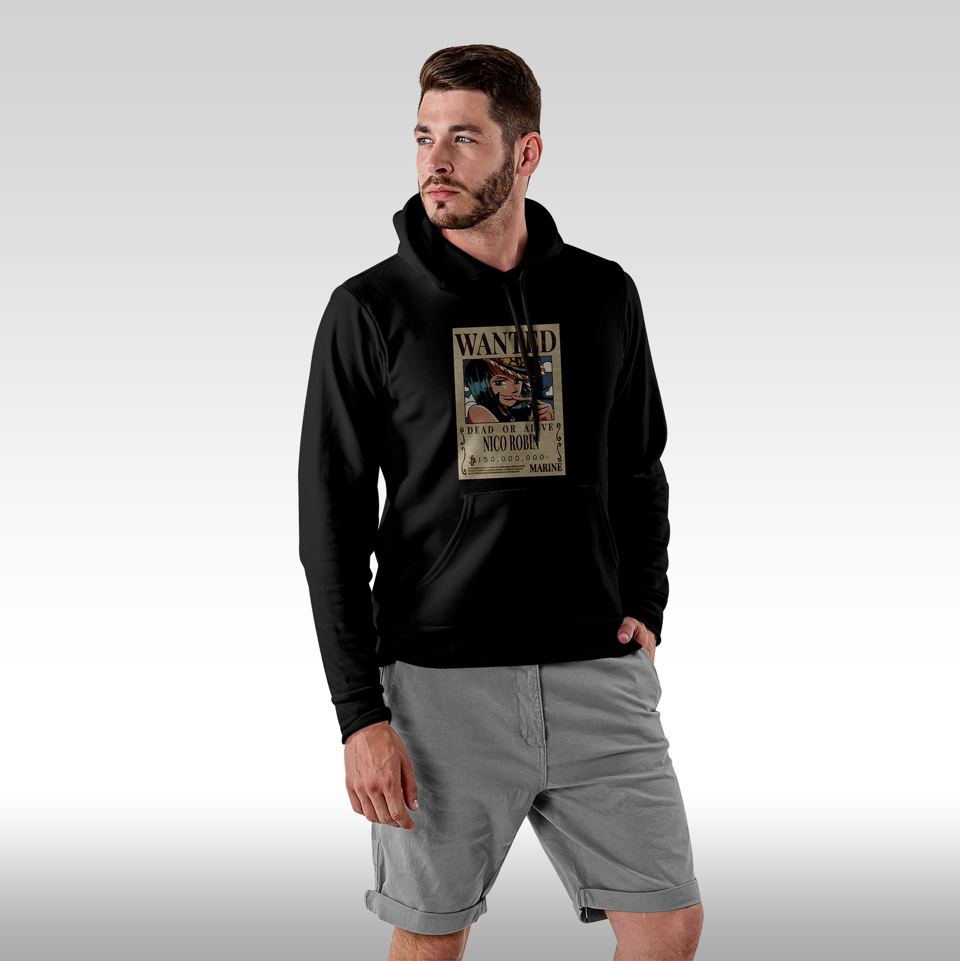 Hanorac Negru personalizat Fata barbat anime "WANTED : Nico Robin" streetwear
