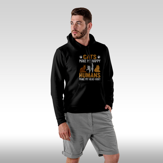 Hanorac Negru personalizat Fata barbat pisici "Cats Make Me Happy, Humans Make My Head Hurt" streetwear
