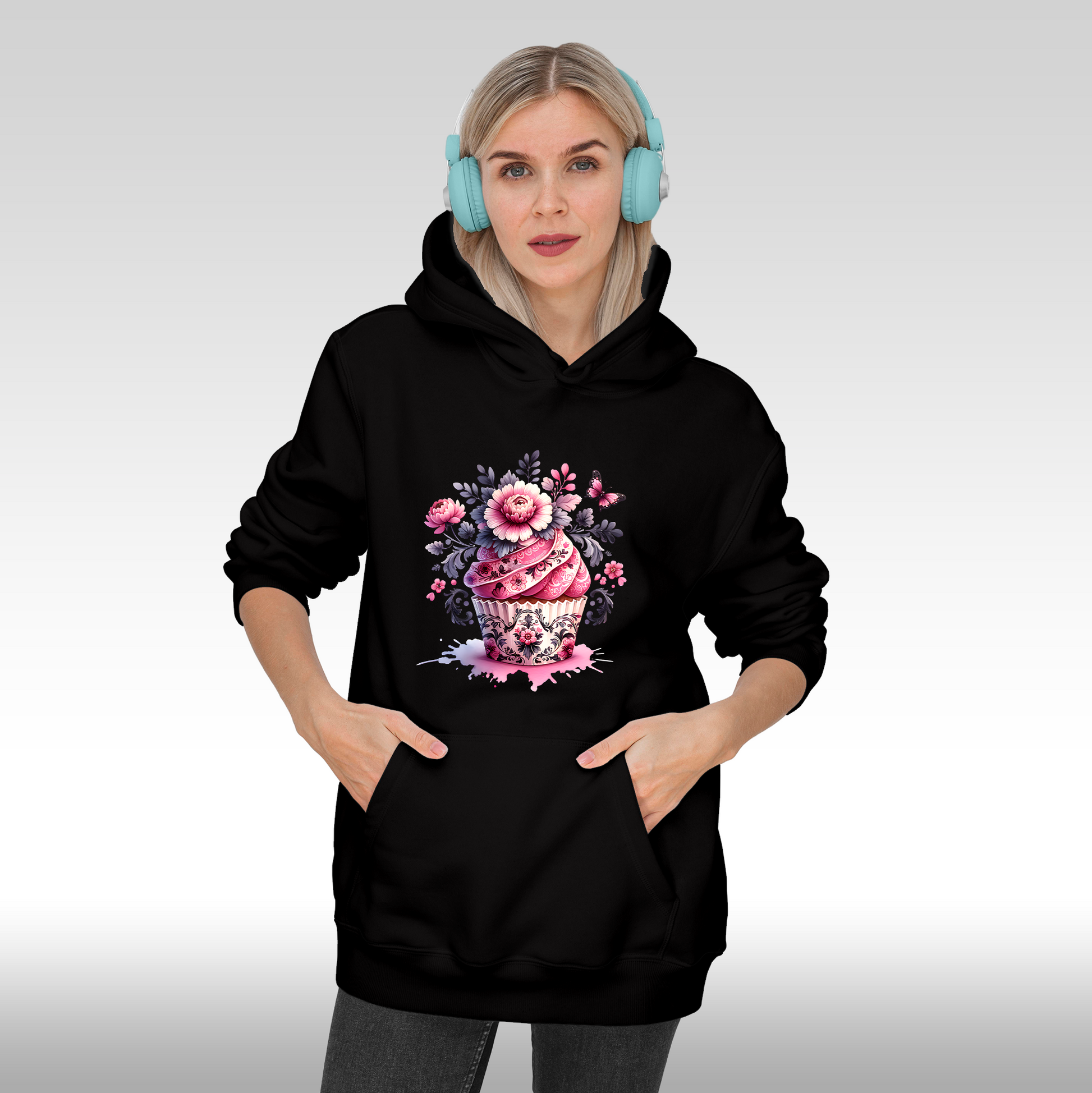 Hanorac Negru personalizat Fata Dama briosa "Floral Cupcake" streetwear
