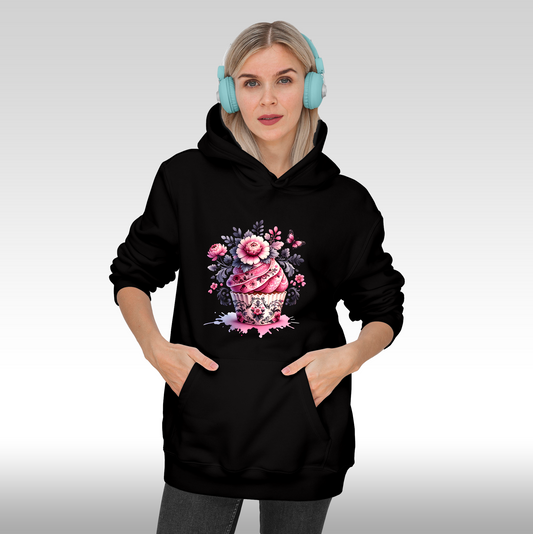 Hanorac Negru personalizat Fata Dama briosa "Floral Cupcake" streetwear

