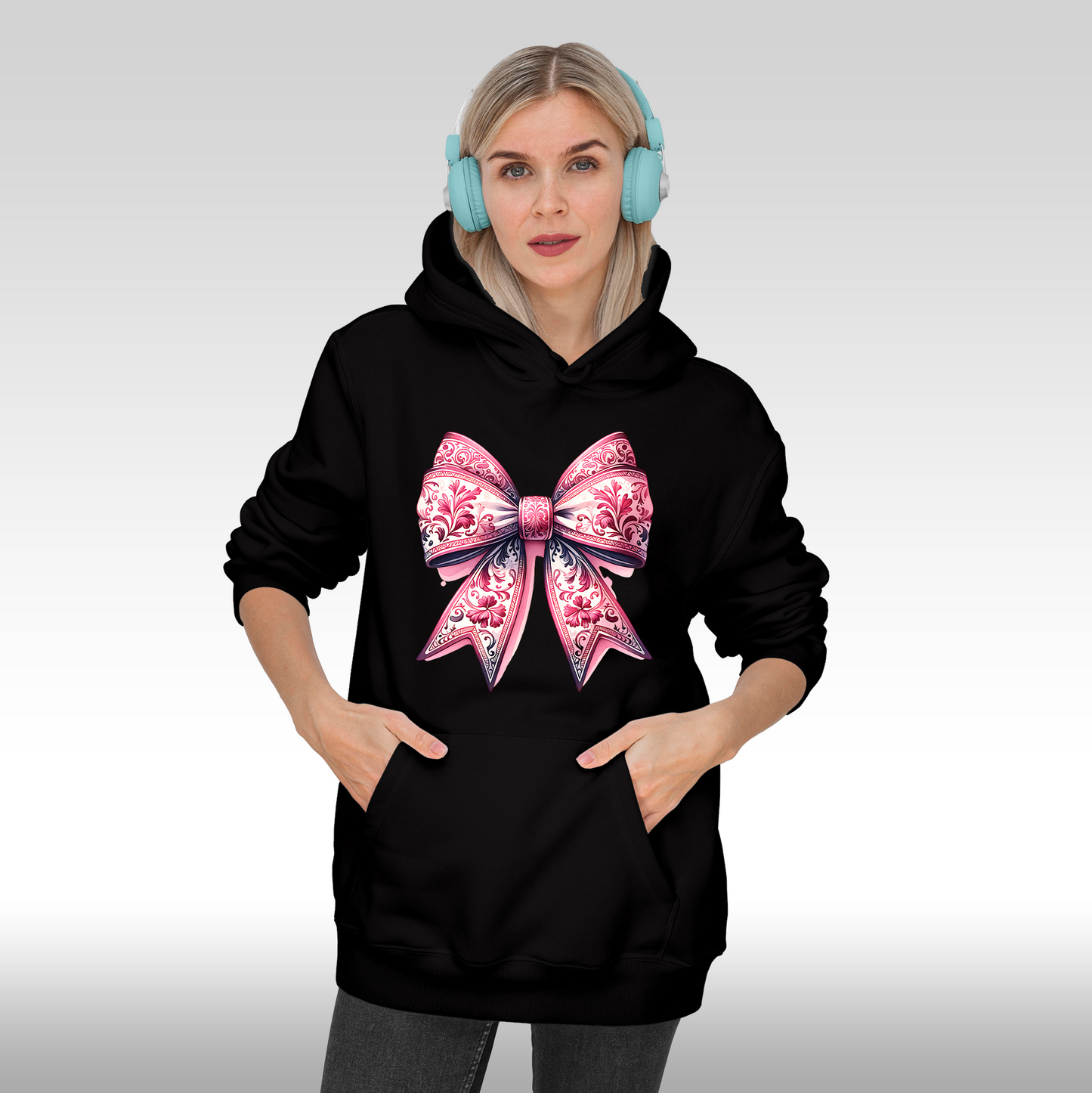 Hanorac Negru personalizat Fata Dama fundita roz "Floral Ribbon" streetwear
