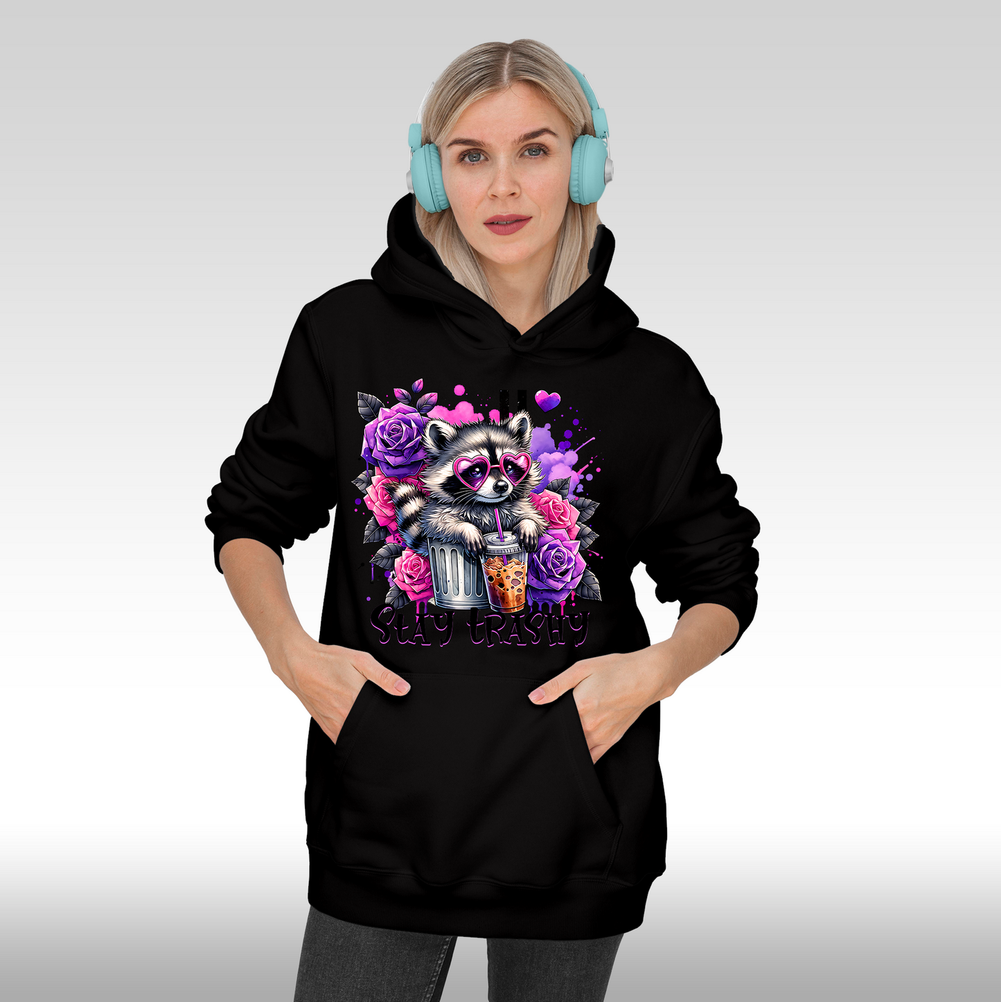 Hanorac Negru personalizat Fata Dama raton "Stay Trashy" streetwear
