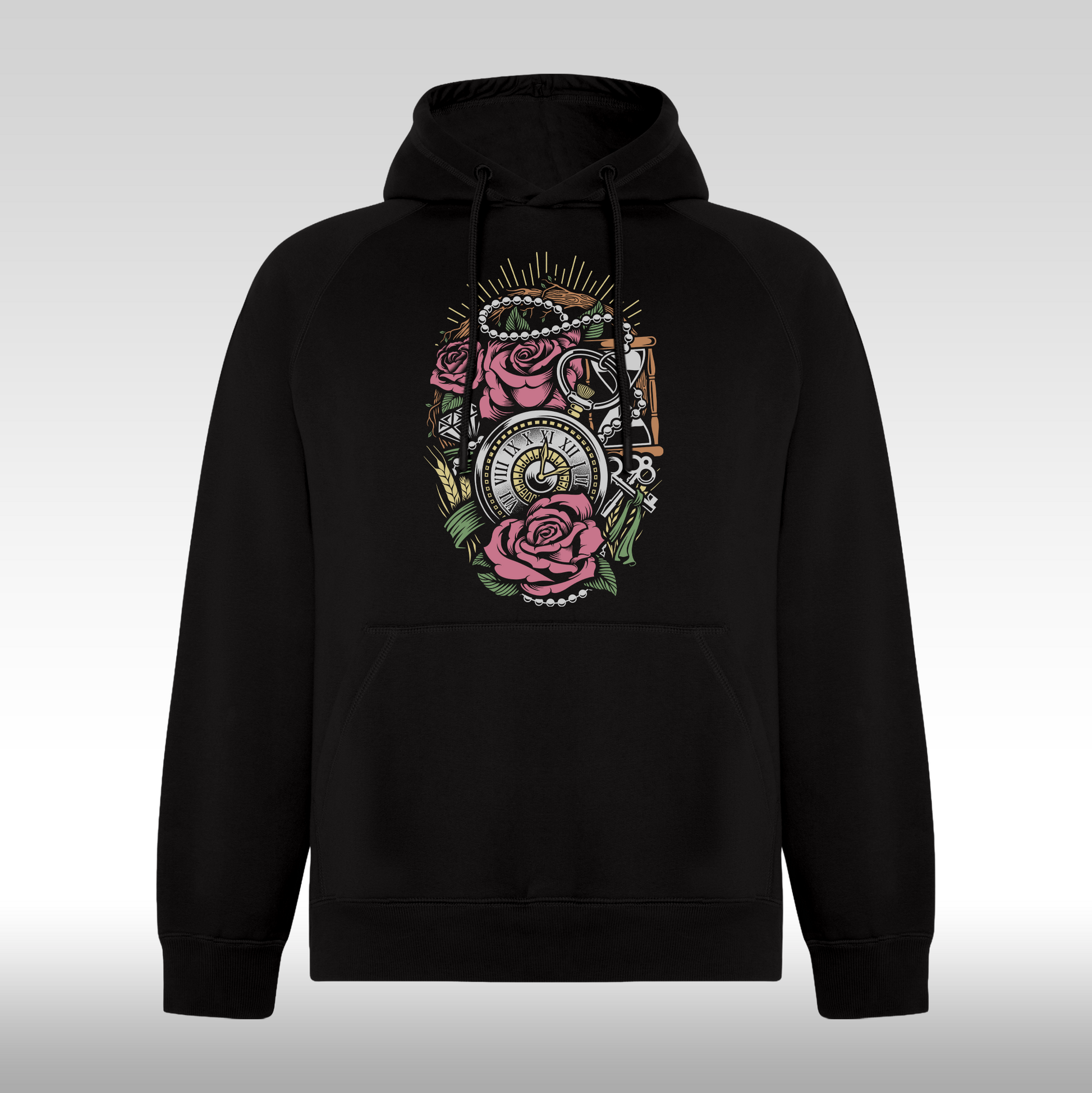 Hanorac Negru personalizat Fata Dama ceas trandafiri "Time And Roses" streetwear
