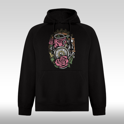 Hanorac Negru personalizat Fata Dama ceas trandafiri "Time And Roses" streetwear
