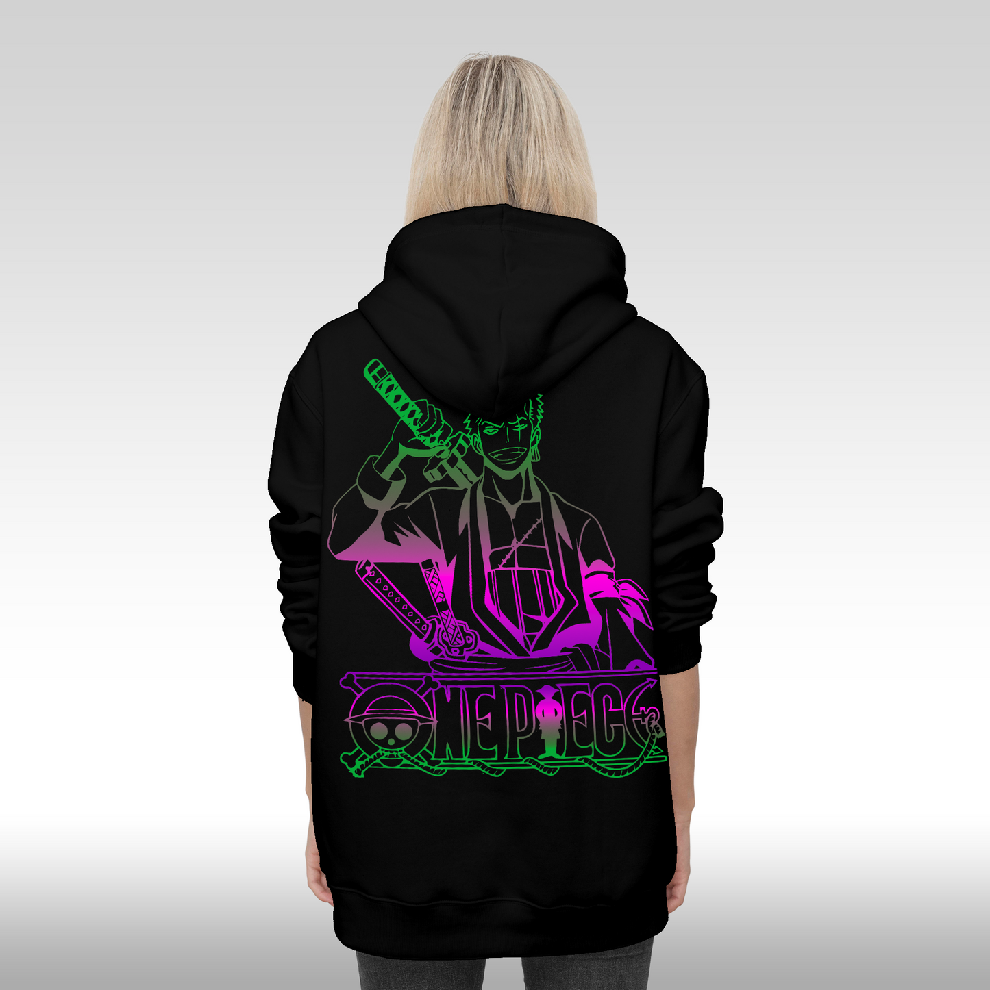 Hanorac Negru personalizat spate Dama anime "WANTED : Roronoa Zoro" streetwear
