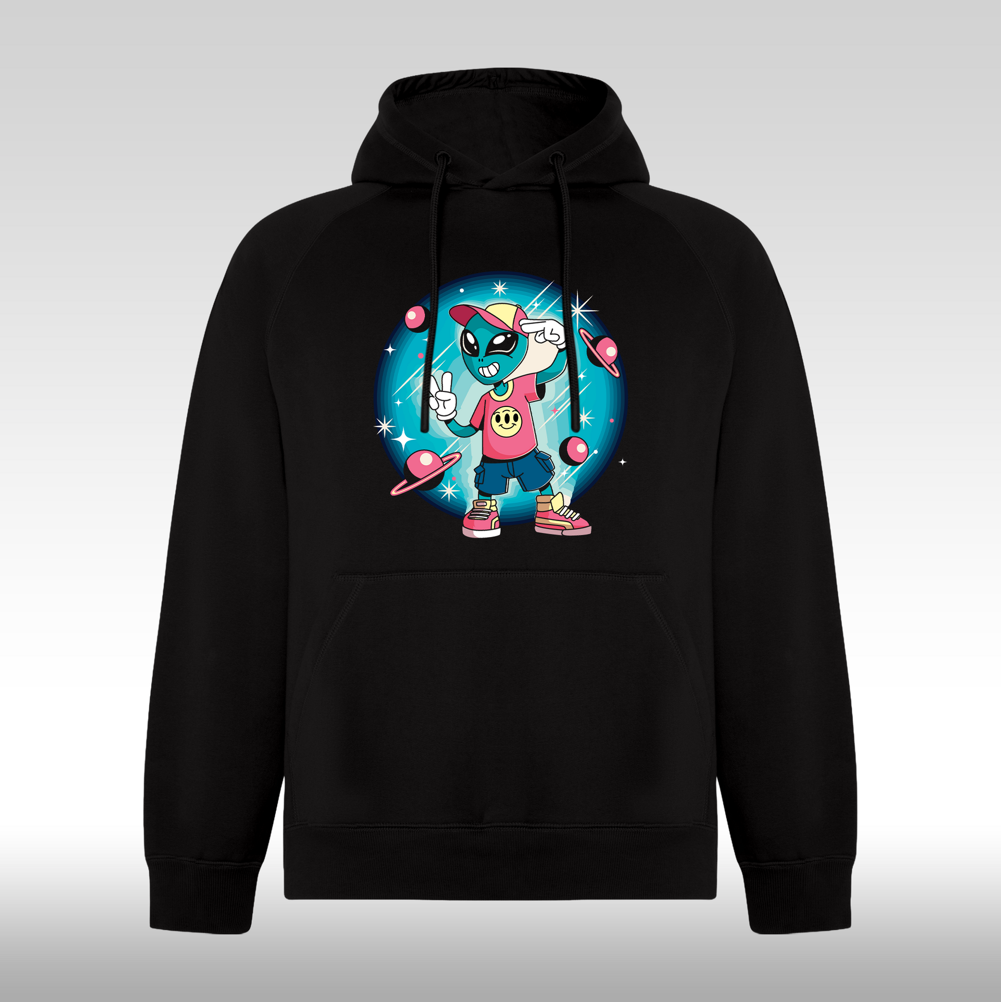 Hanorac Negru personalizat urban "Cosmic Alien" streetwear
