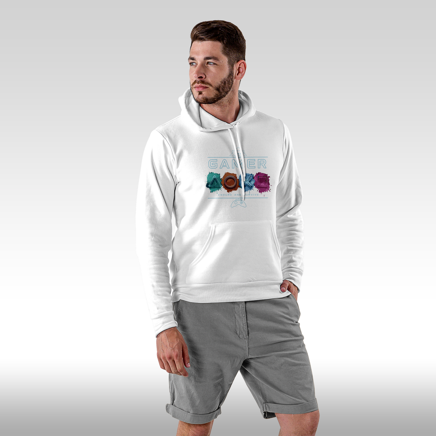 Hanorac alb personalizat Fata barbat gaming "Gamer Endure and Survive" streetwear
