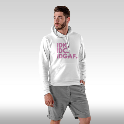 Hanorac alb personalizat Fata barbat mesaj "IDK IDC IDGAF" streetwear
