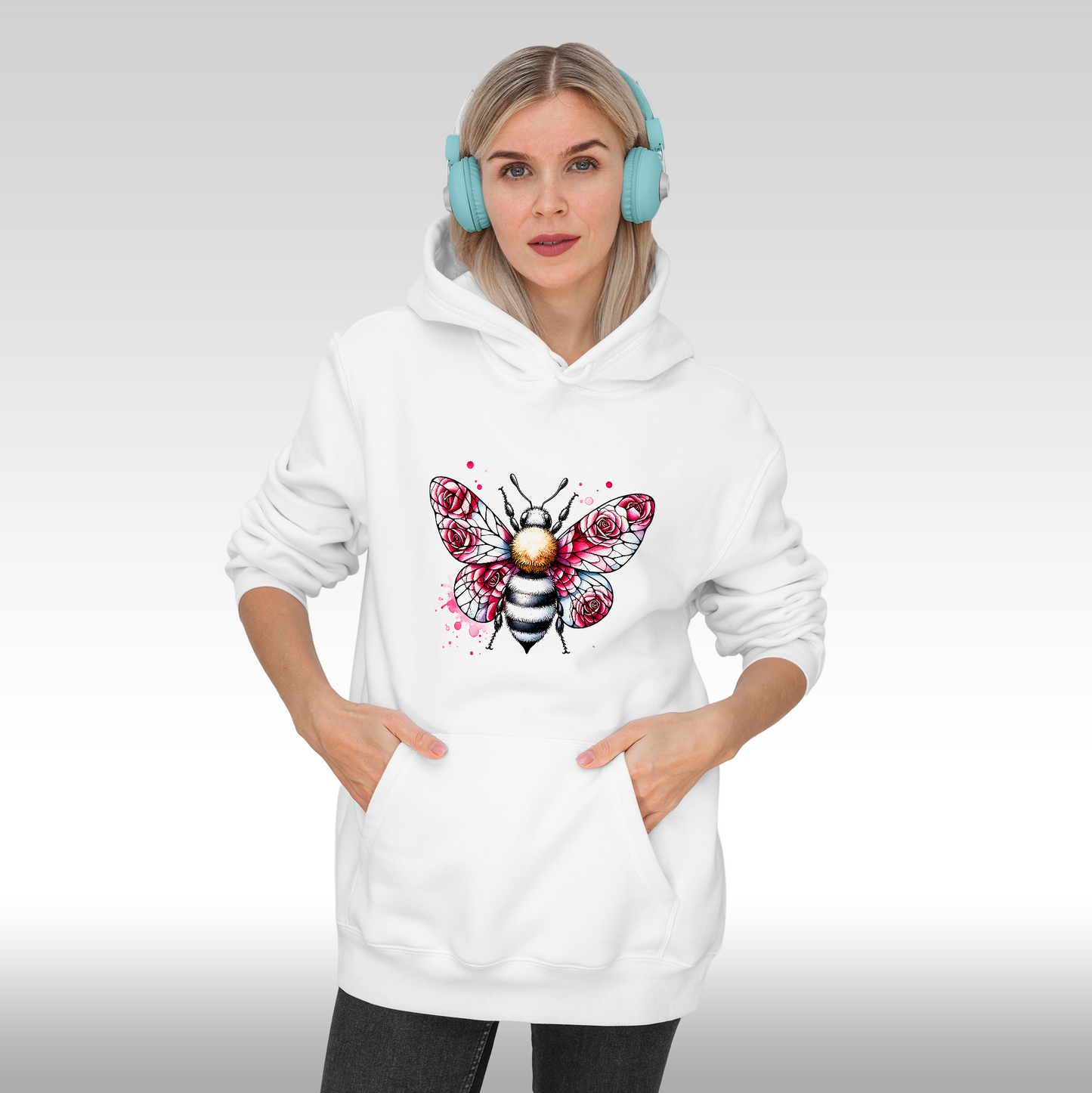 Hanorac alb personalizat Fata Dama albina "Floral Buzz" streetwear
