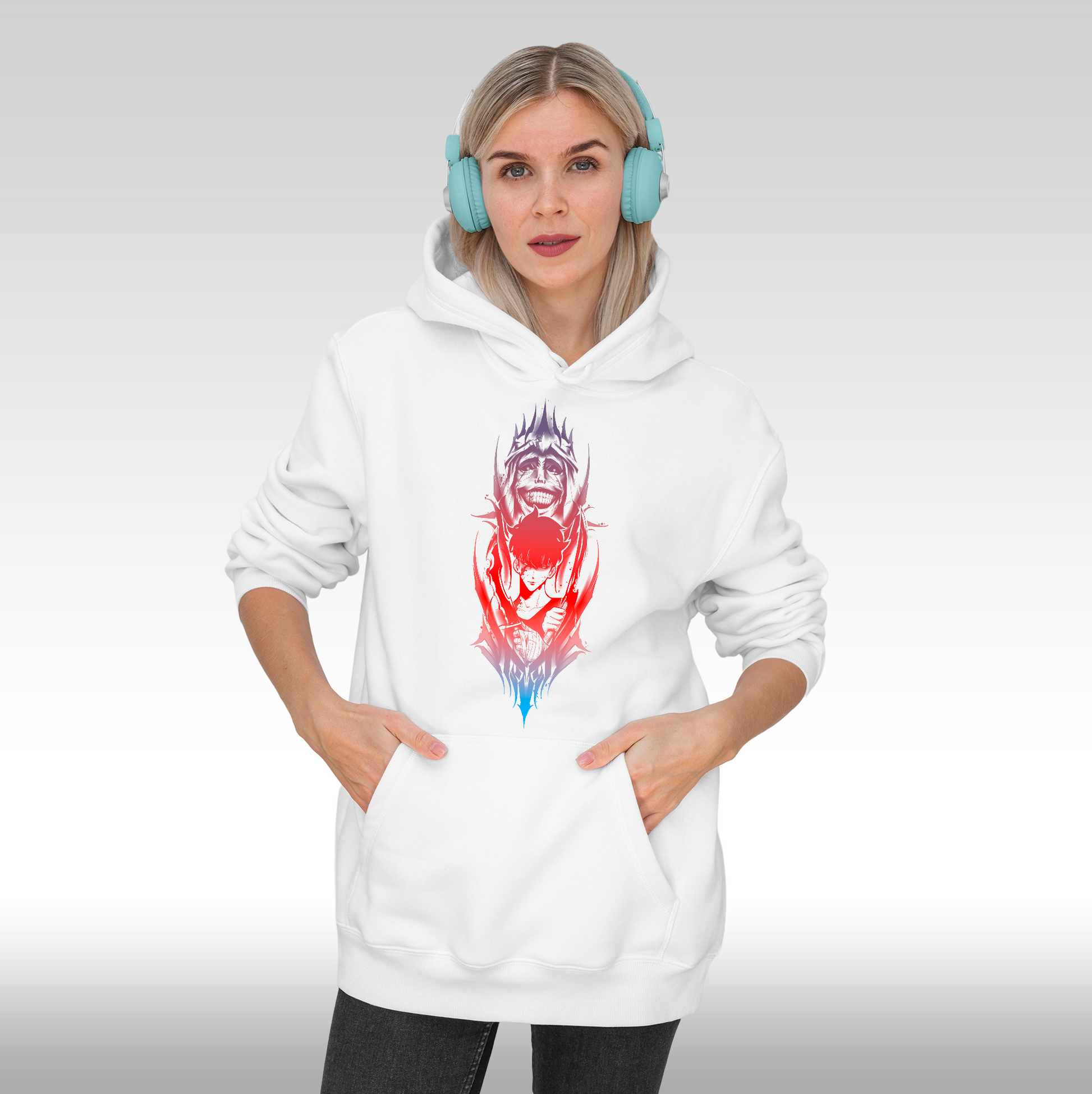 Hanorac alb personalizat Fata Dama anime "Solo Leveling" streetwear
