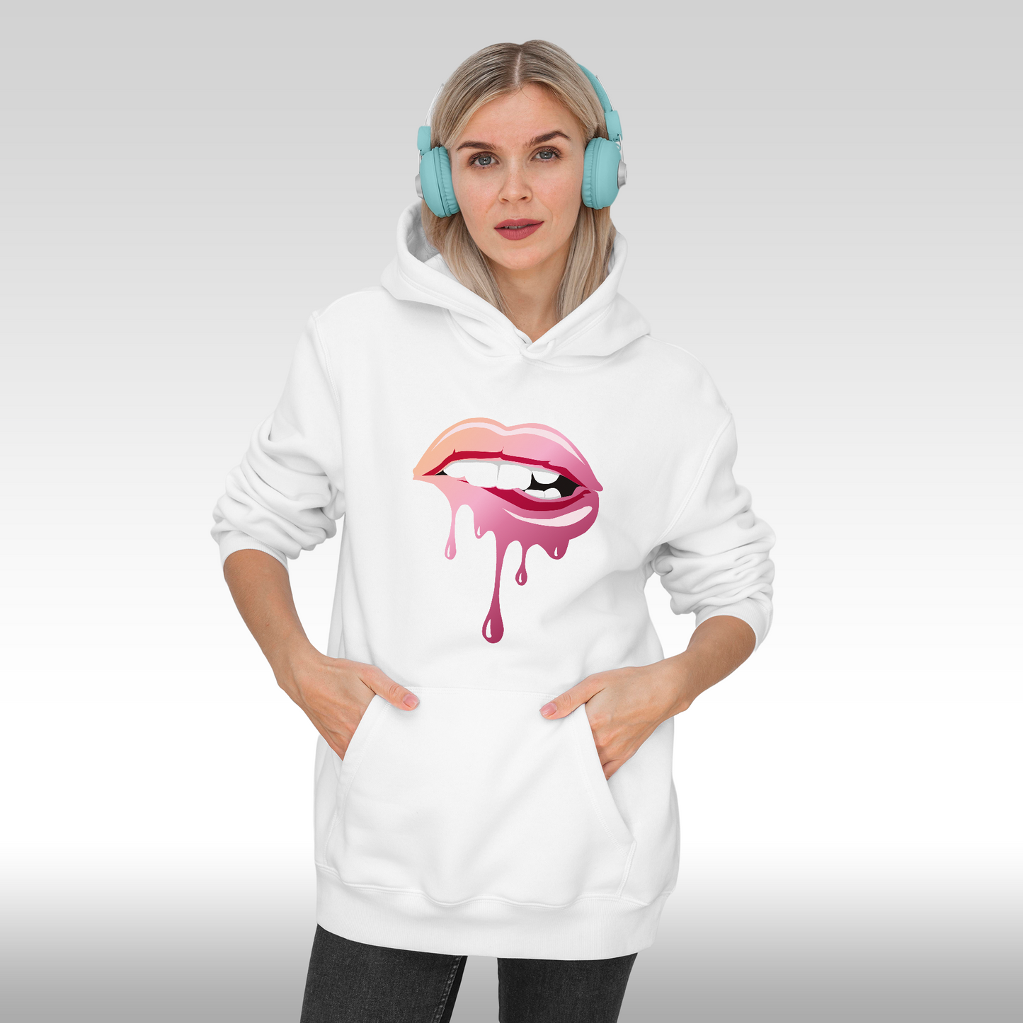 Hanorac alb  personalizat Fata Dama buze roz "Melting Lips" streetwear
