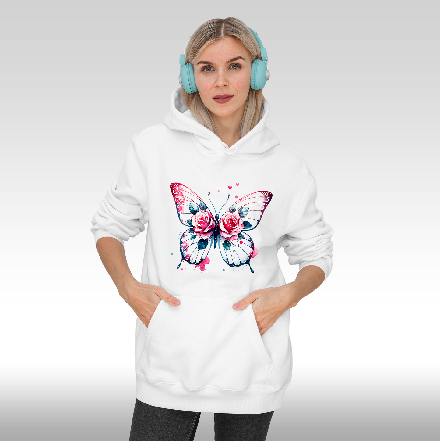 Hanorac alb personalizat Fata Dama fluture "Pink Wings" streetwear
